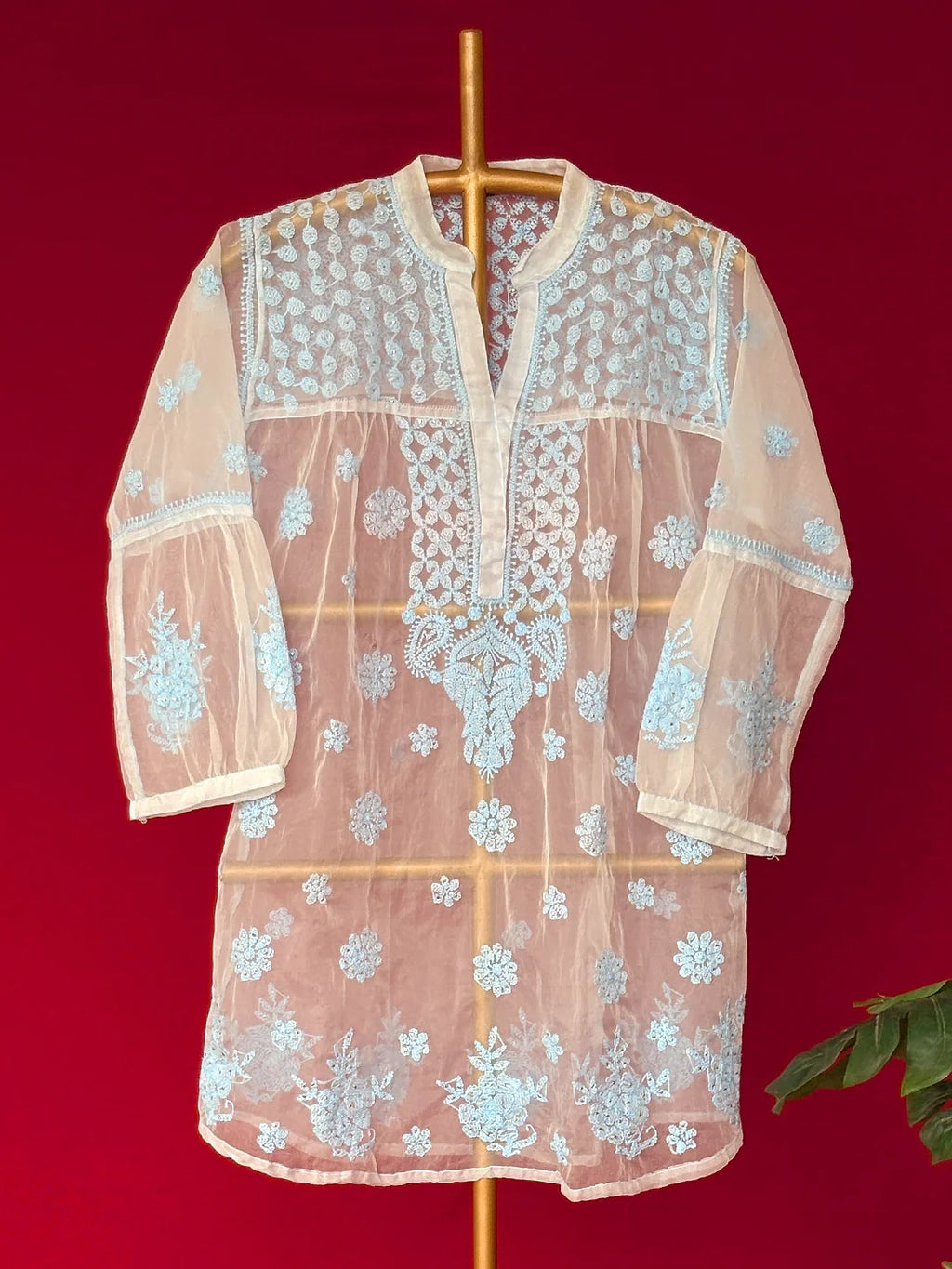 Blue Aashna Organza Chikankari Short Kurta