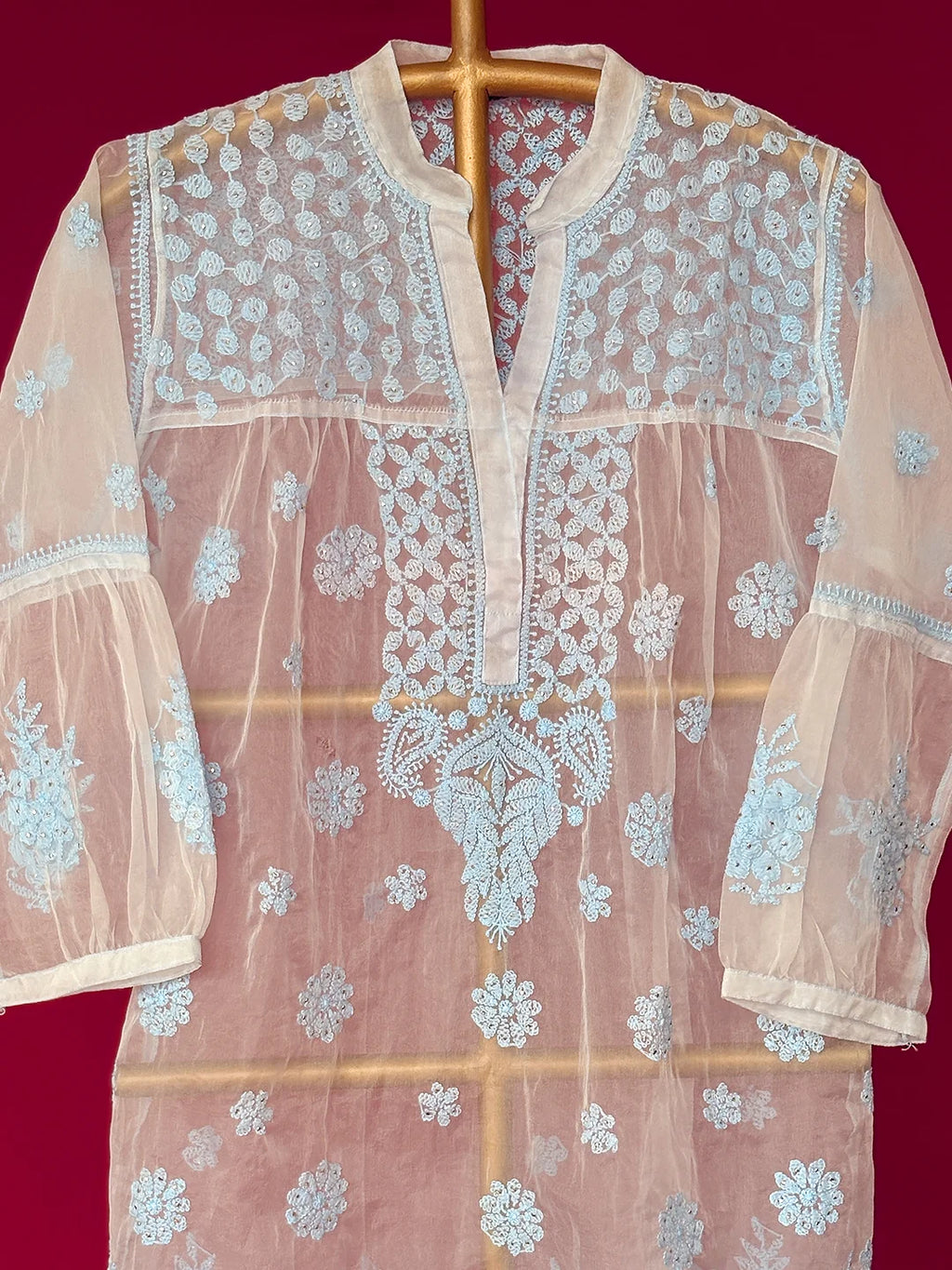 Blue Aashna Organza Chikankari Short Kurta