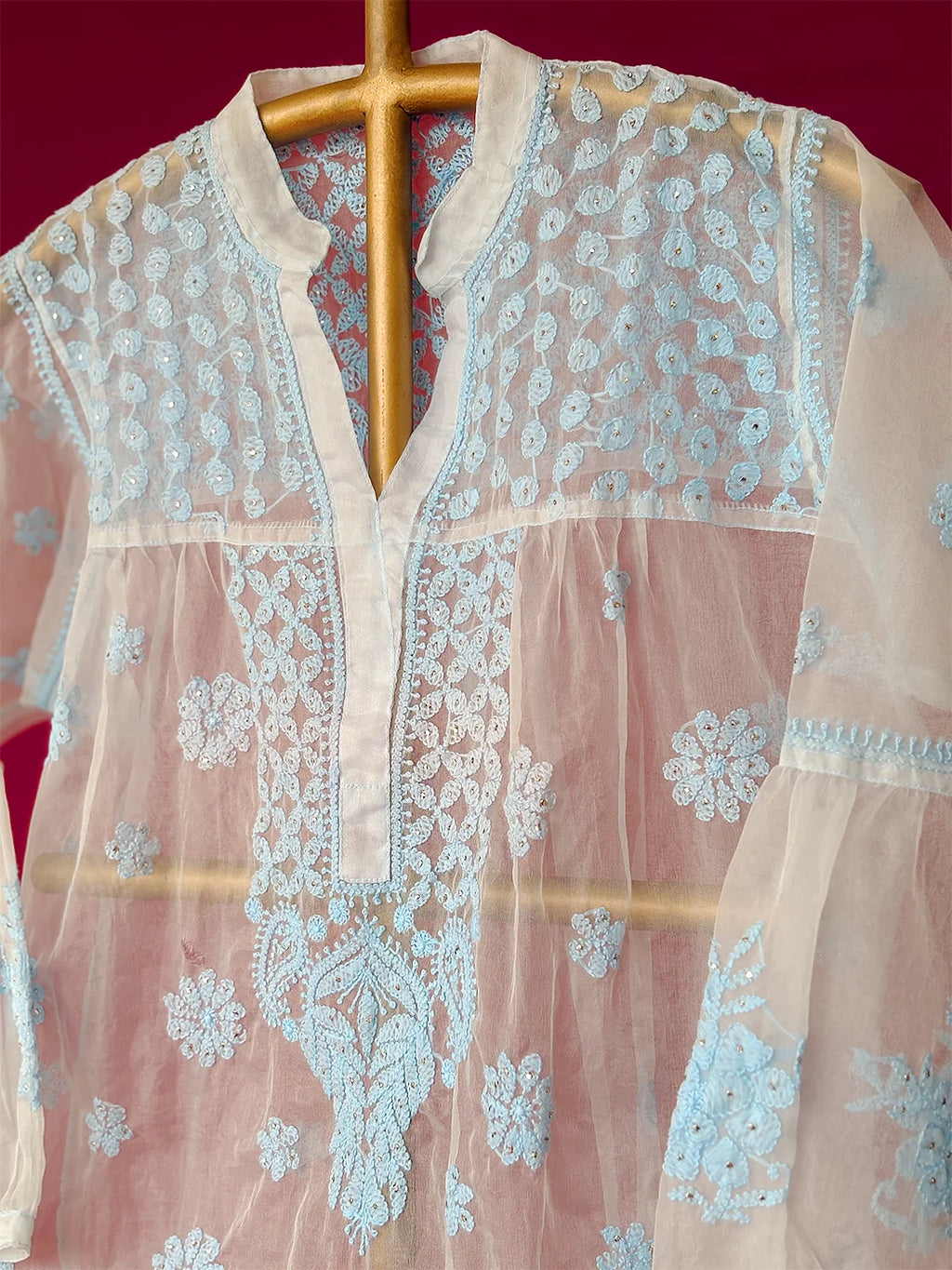 Blue Aashna Organza Chikankari Short Kurta