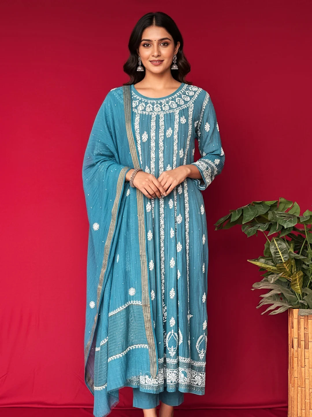 Blue Bhoomi Tissue Silk Chikankari Kurta with Dupatta