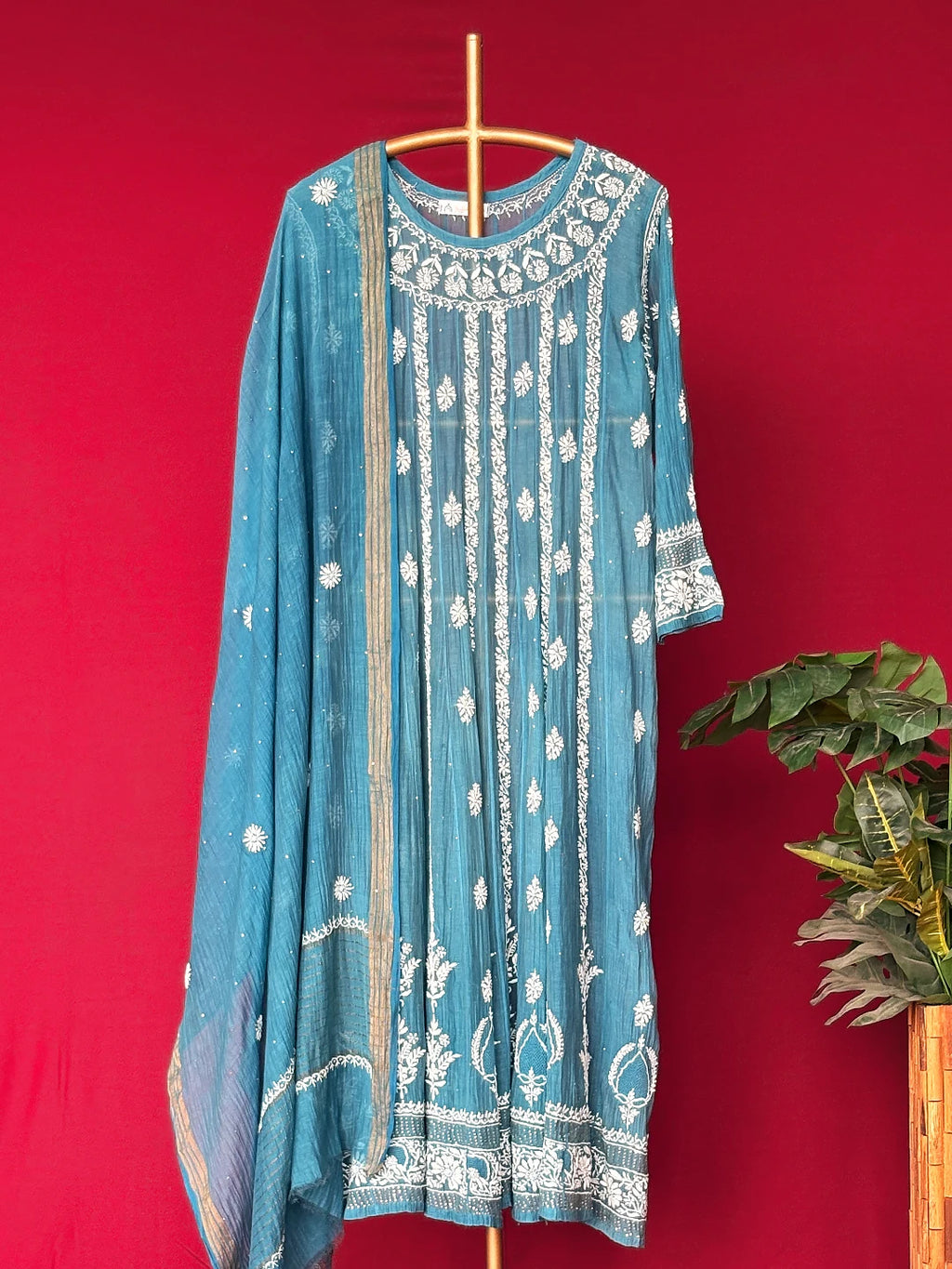Blue Bhoomi Tissue Silk Chikankari Kurta with Dupatta