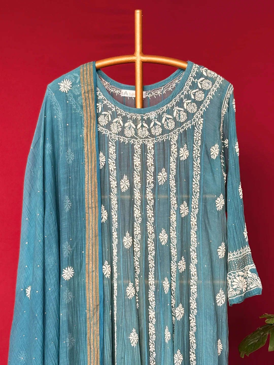 Blue Bhoomi Tissue Silk Chikankari Kurta with Dupatta