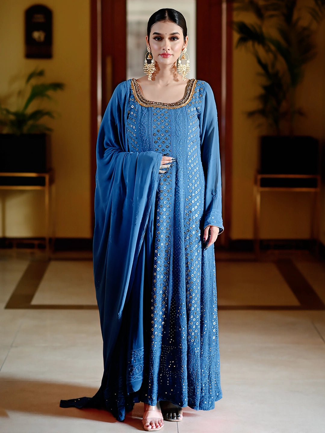Blue Gulmohar Viscose Chikankari Anarkali with Dupatta