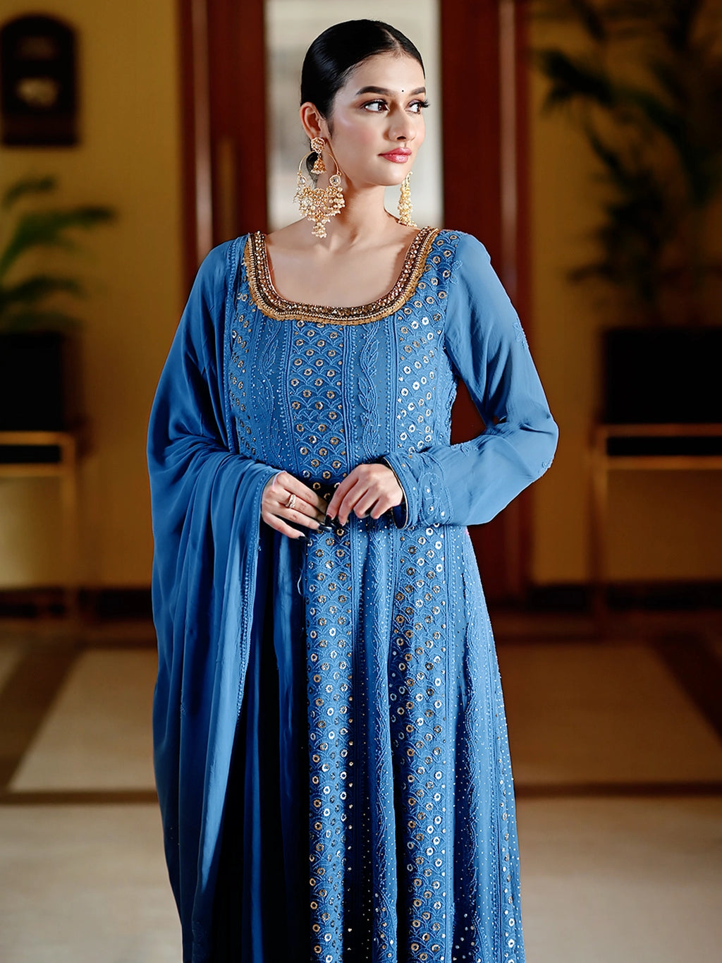 Blue Gulmohar Viscose Chikankari Anarkali with Dupatta