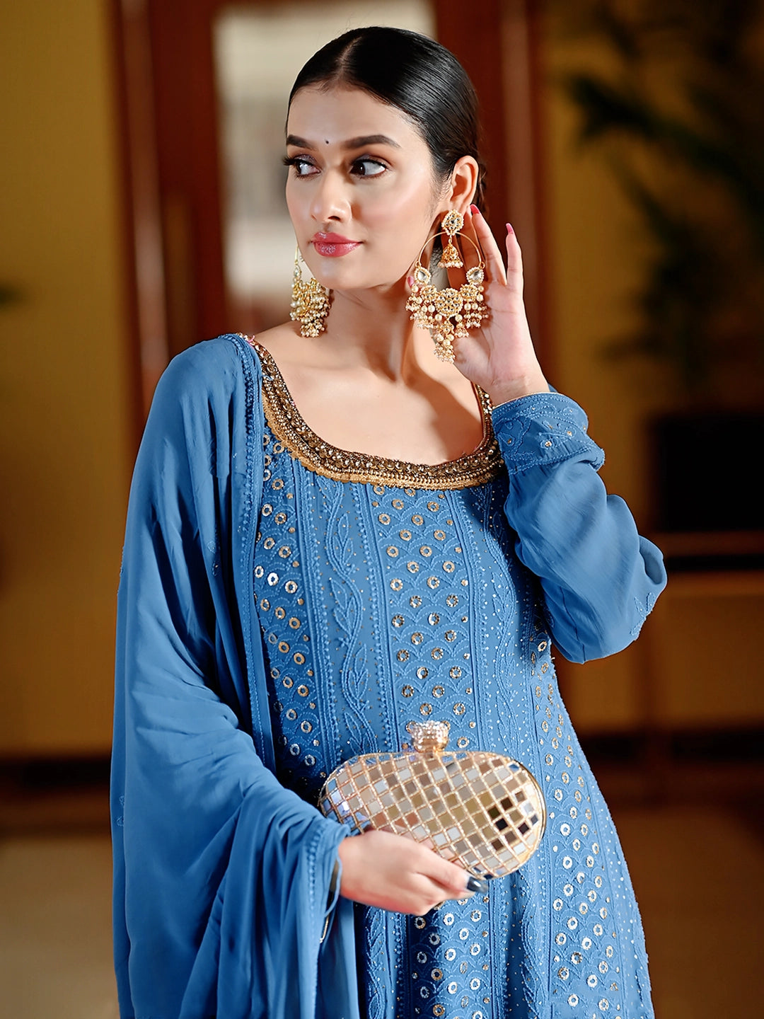 Blue Gulmohar Viscose Chikankari Anarkali with Dupatta