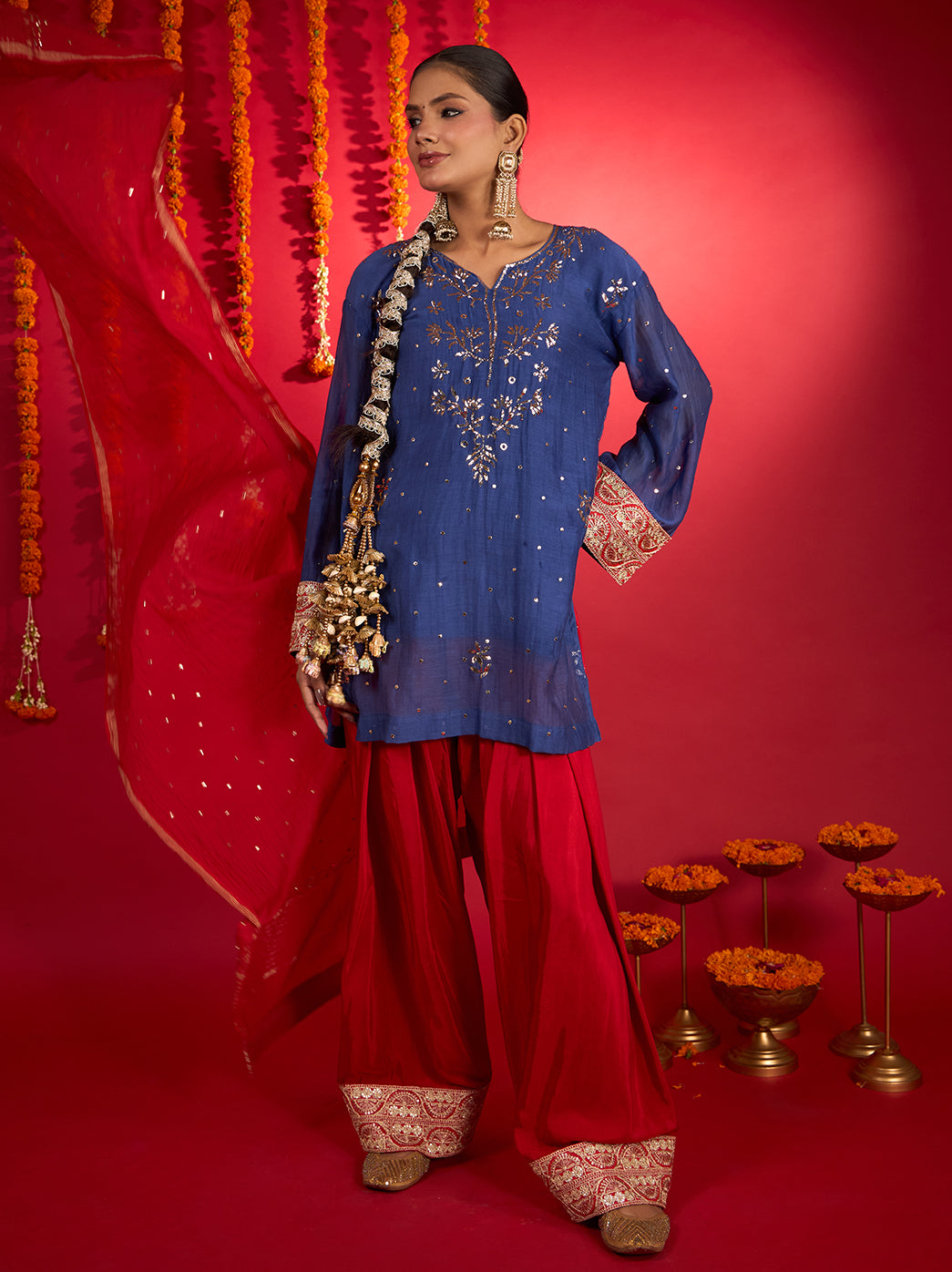 Noorani Mul Chanderi Chikankari Farshi Set Blue & Red