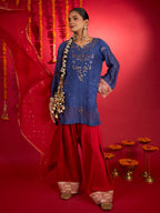 Noorani Mul Chanderi Chikankari Farshi Set Blue & Red