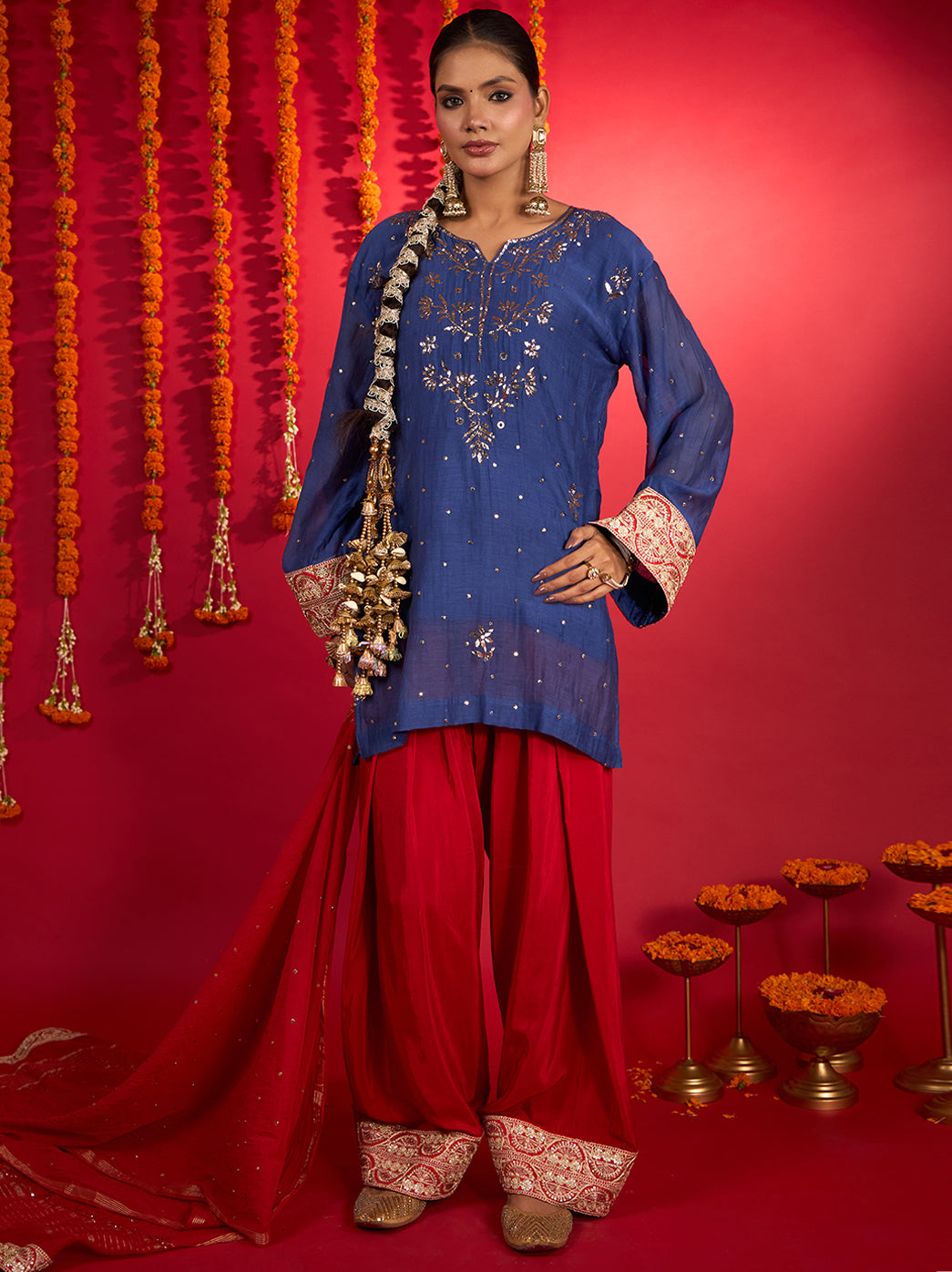 Noorani Mul Chanderi Chikankari Farshi Set Blue & Red