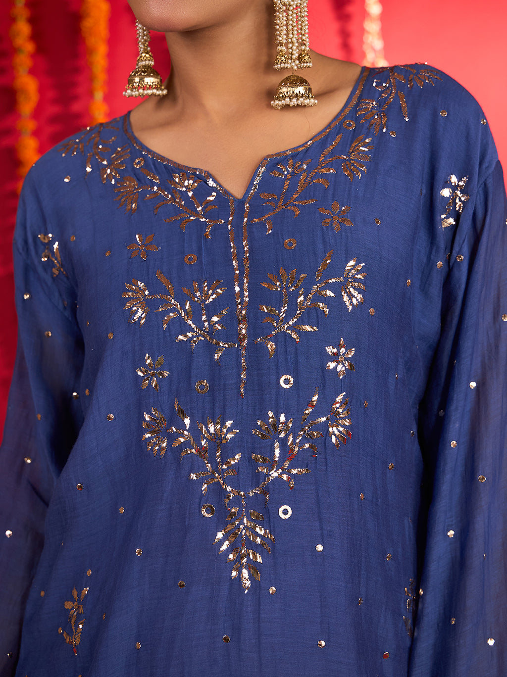 Noorani Mul Chanderi Chikankari Farshi Set Blue & Red