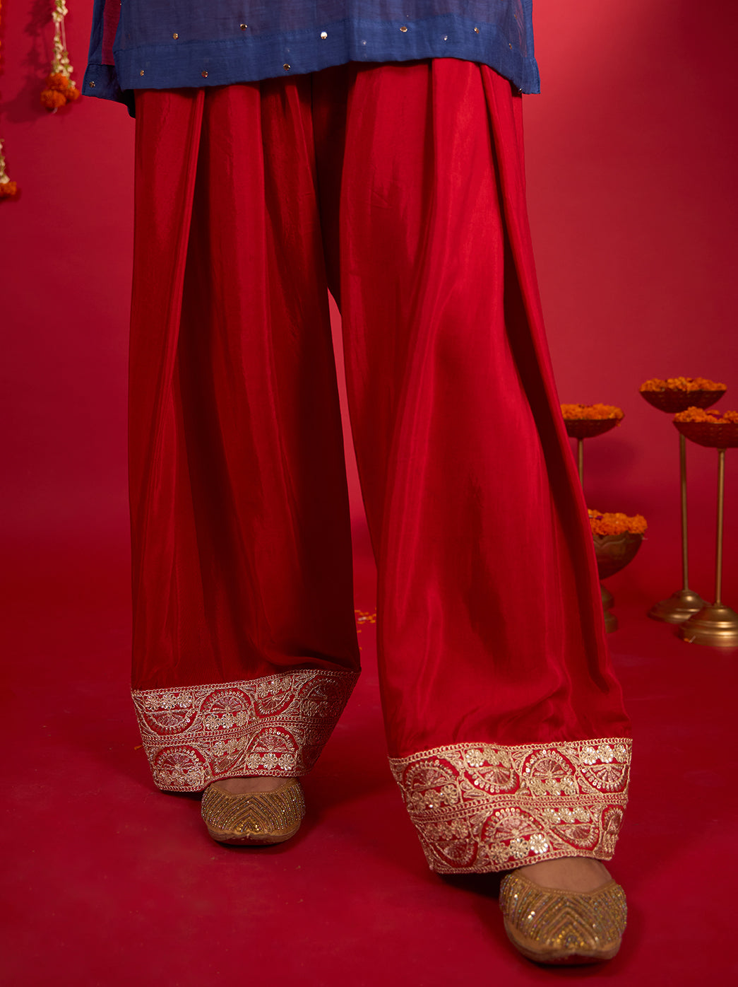 Noorani Mul Chanderi Chikankari Farshi Set Blue & Red