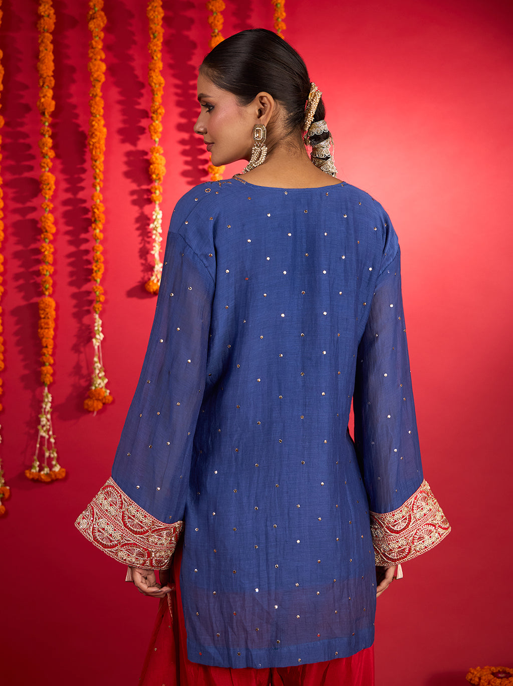 Noorani Mul Chanderi Chikankari Farshi Set Blue & Red