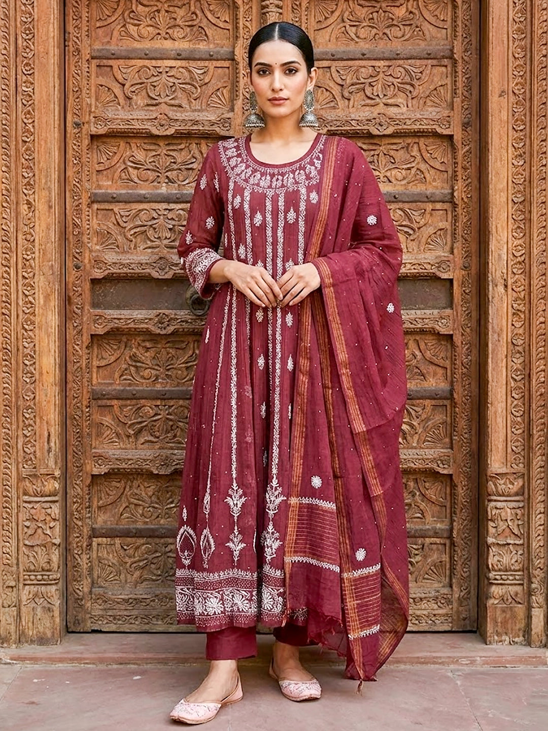 Coral Bhoomi Tissue Silk Chikankari Kurta with Dupatta