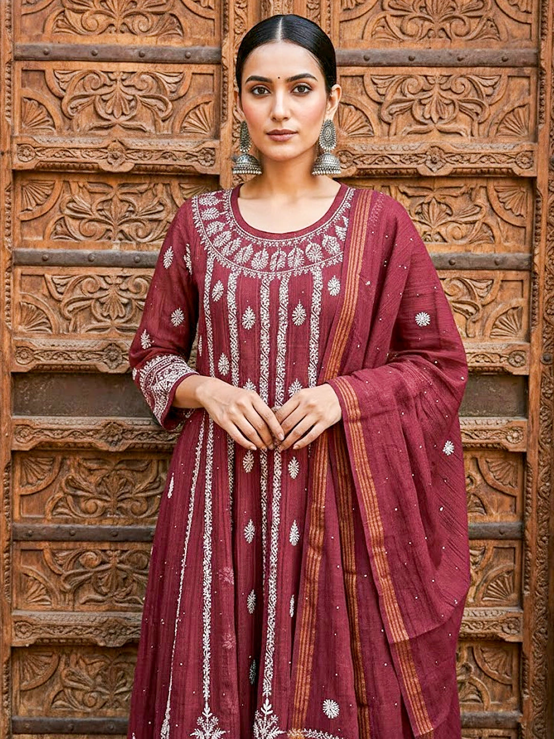 Coral Bhoomi Tissue Silk Chikankari Kurta with Dupatta