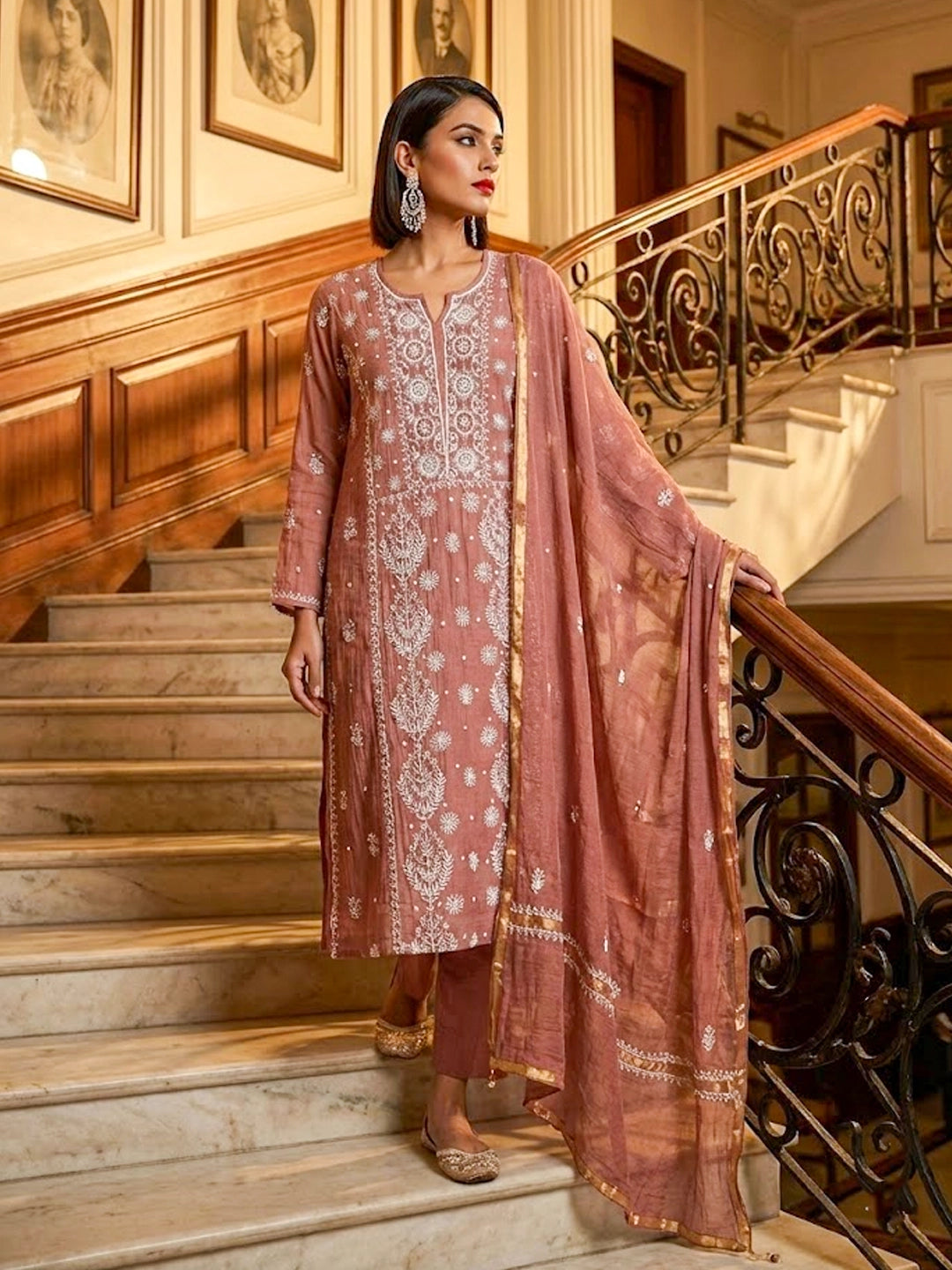 Gulaal Mul Chanderi Chikankari Kurta - Brown