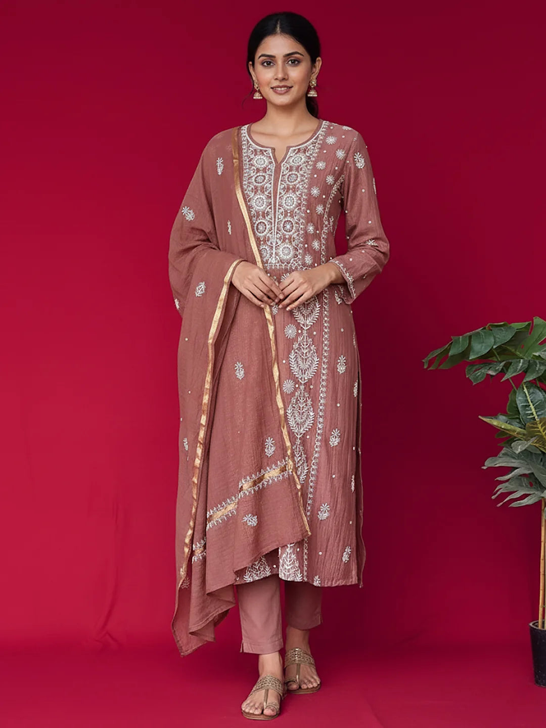 Brown Mul Chanderi Chikankari Straight Kurta With Dupatta
