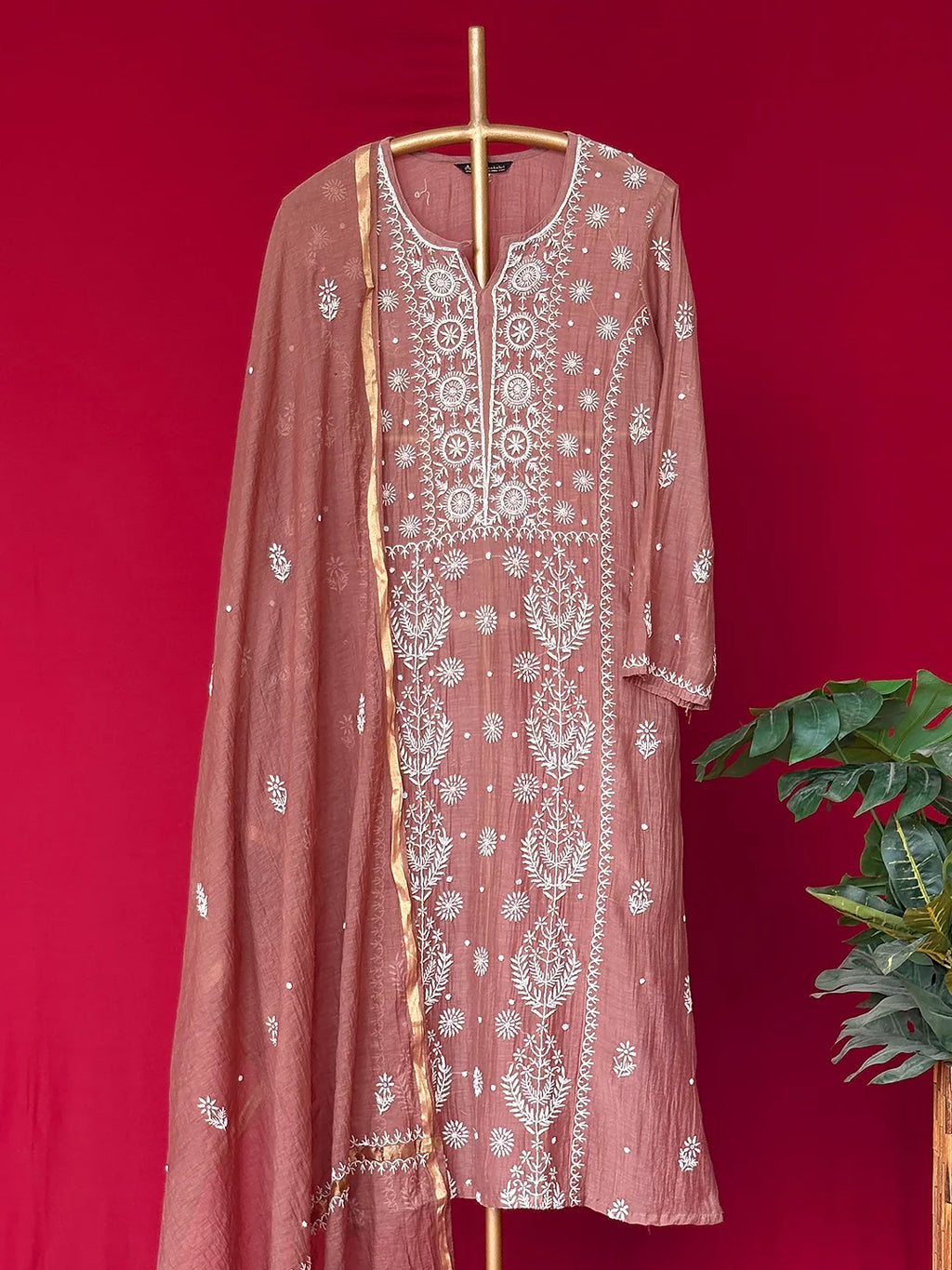 Brown Mul Chanderi Chikankari Straight Kurta With Dupatta