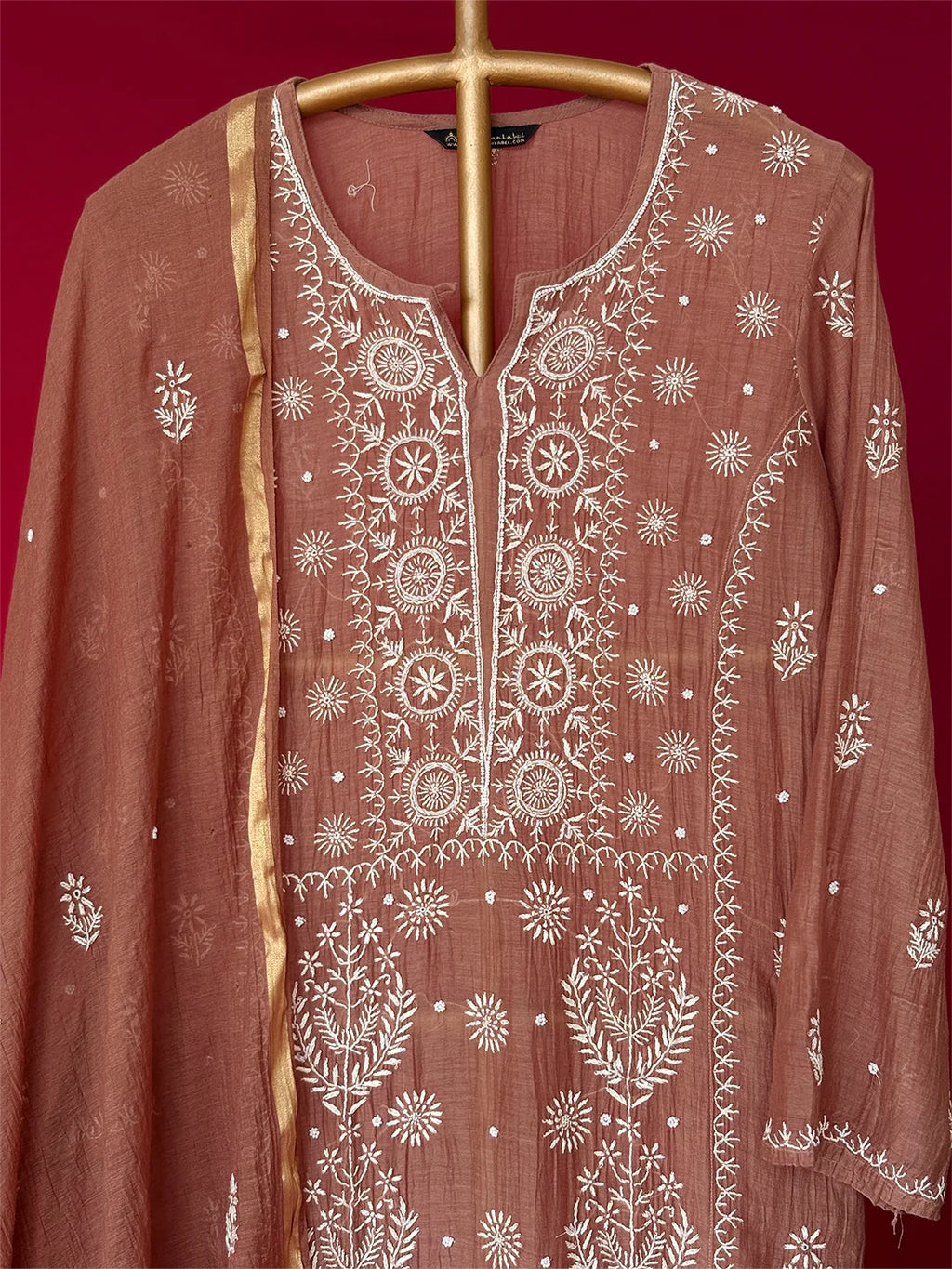 Brown Mul Chanderi Chikankari Straight Kurta With Dupatta