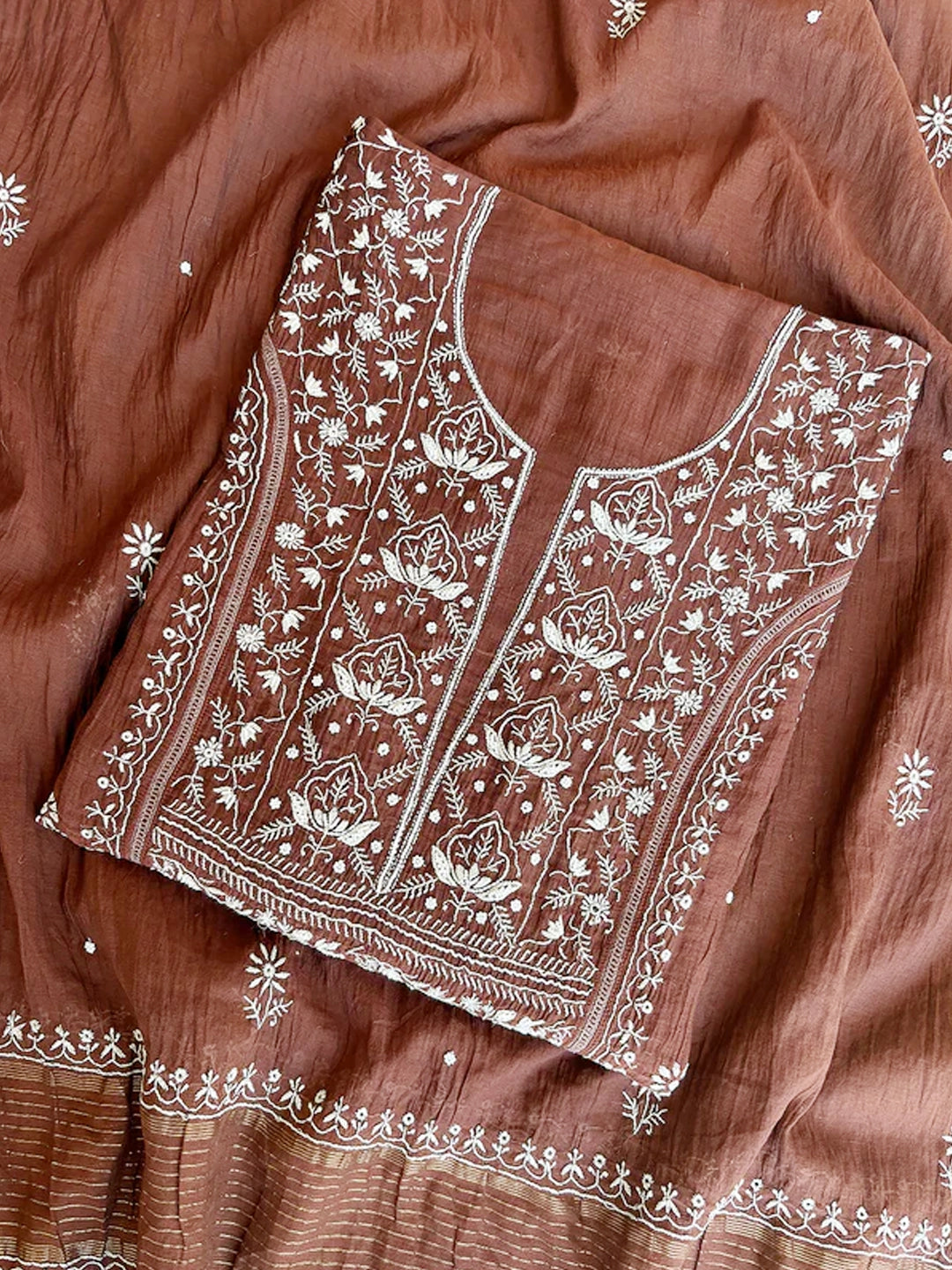 Brown Mul Chanderi Chikankari Un-stitched Kurti Piece with Dupatta