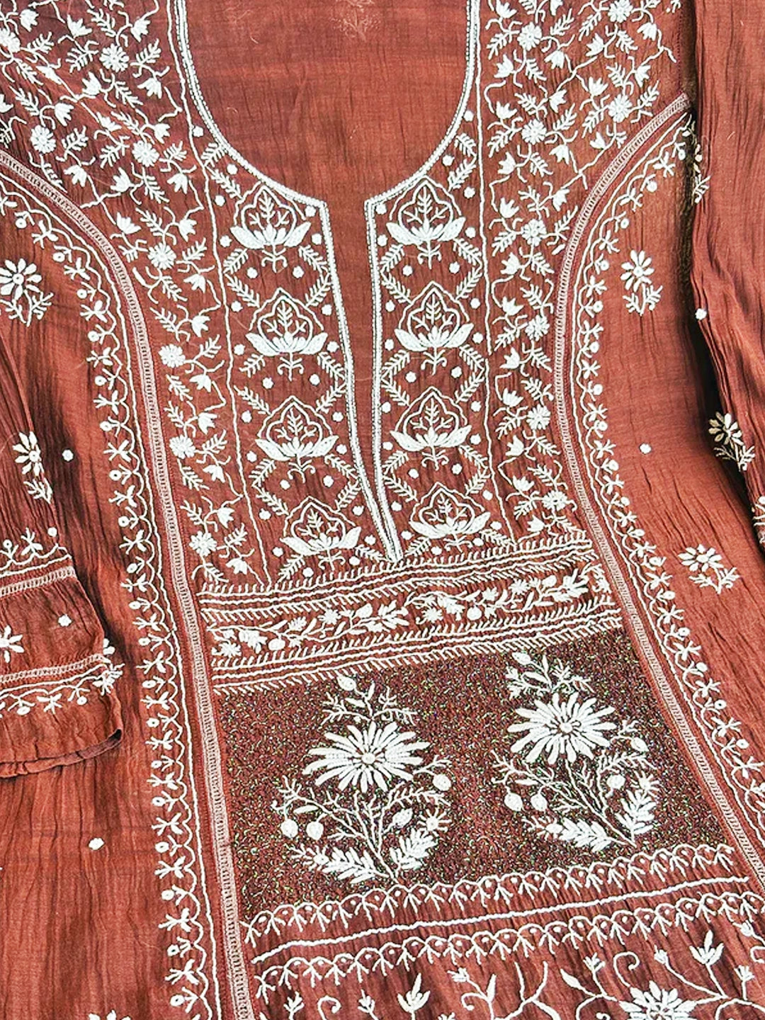 Brown Mul Chanderi Chikankari Un-stitched Kurti Piece with Dupatta