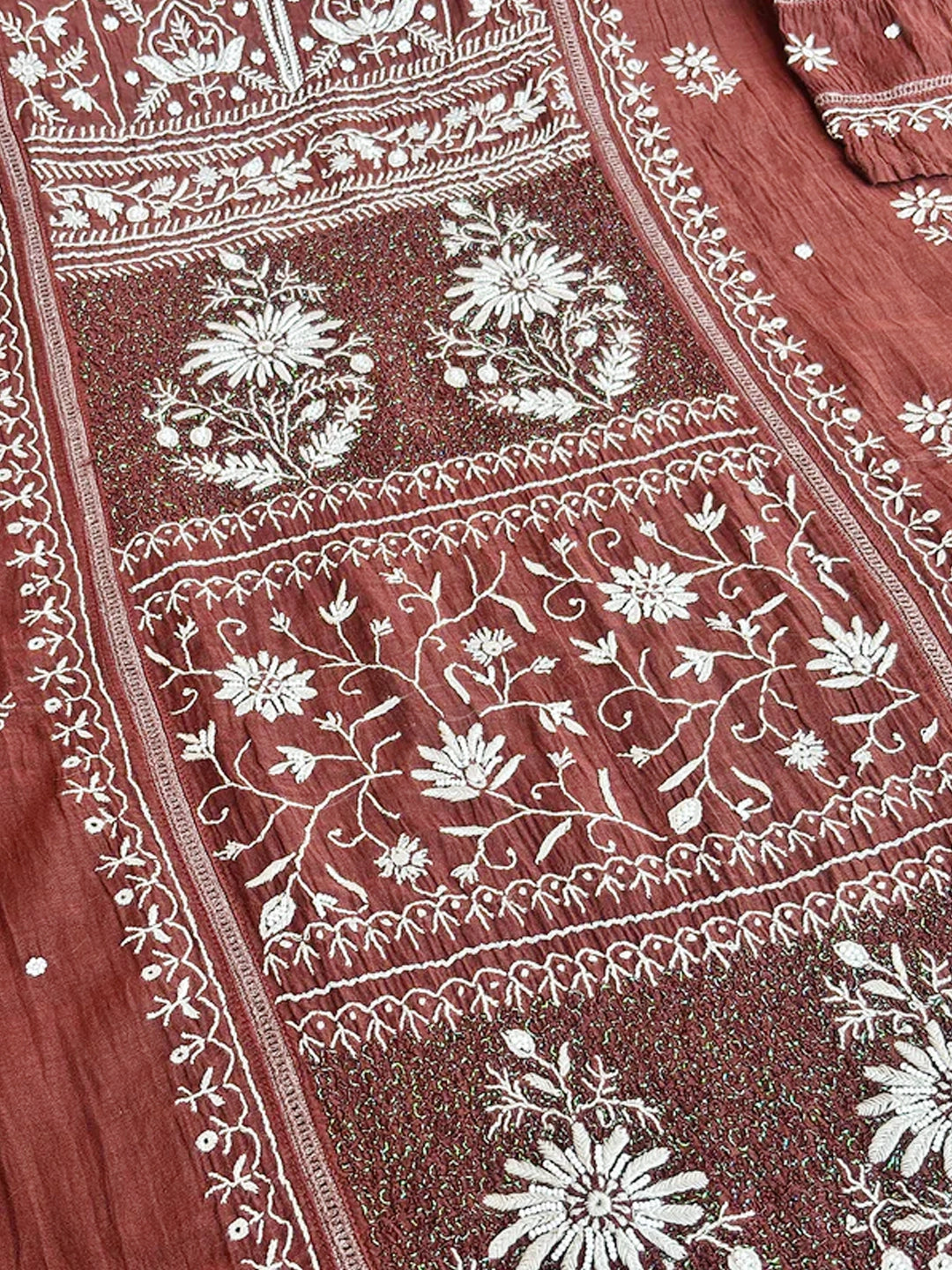 Brown Mul Chanderi Chikankari Un-stitched Kurti Piece with Dupatta