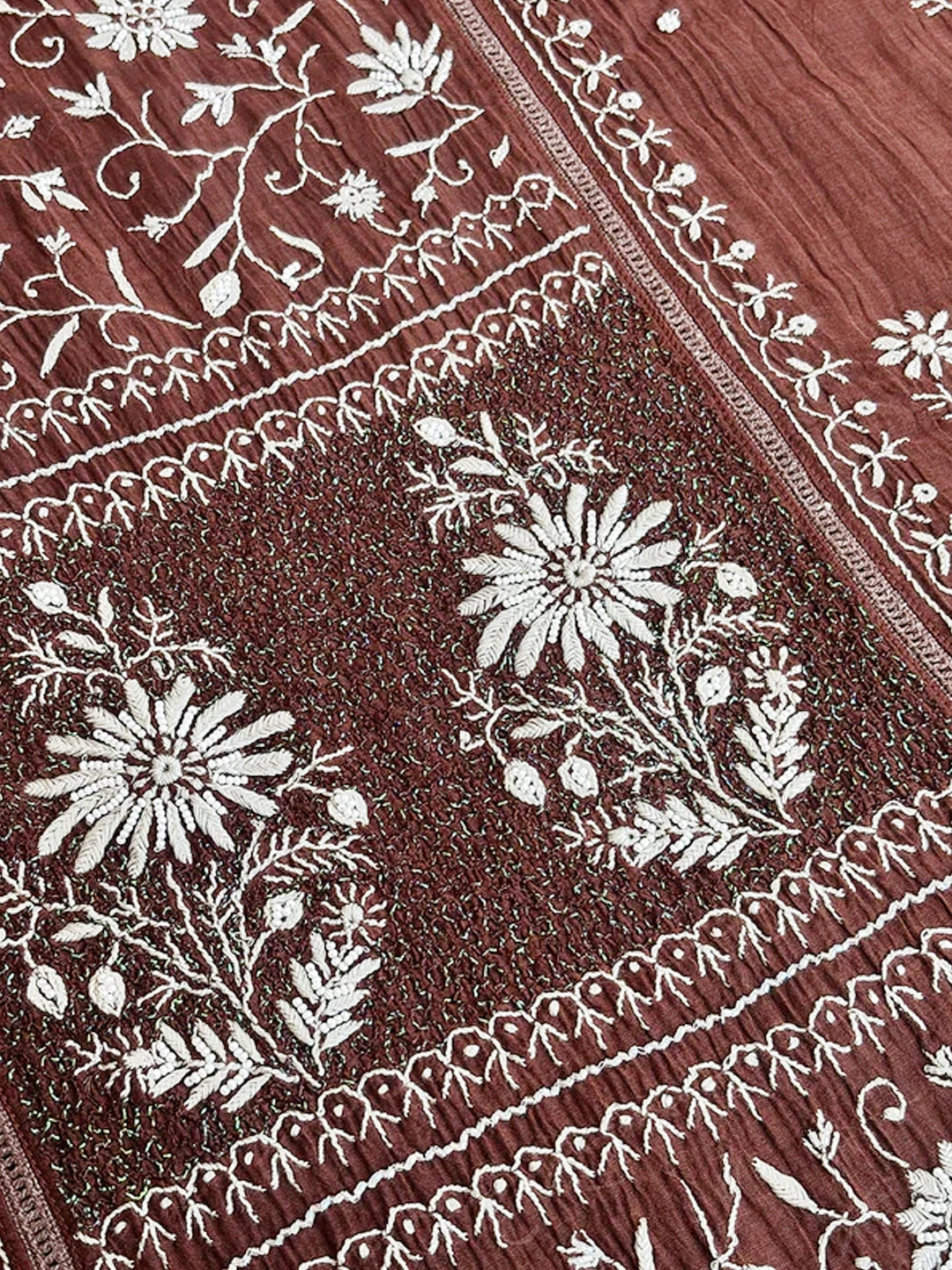 Brown Mul Chanderi Chikankari Un-stitched Kurti Piece with Dupatta