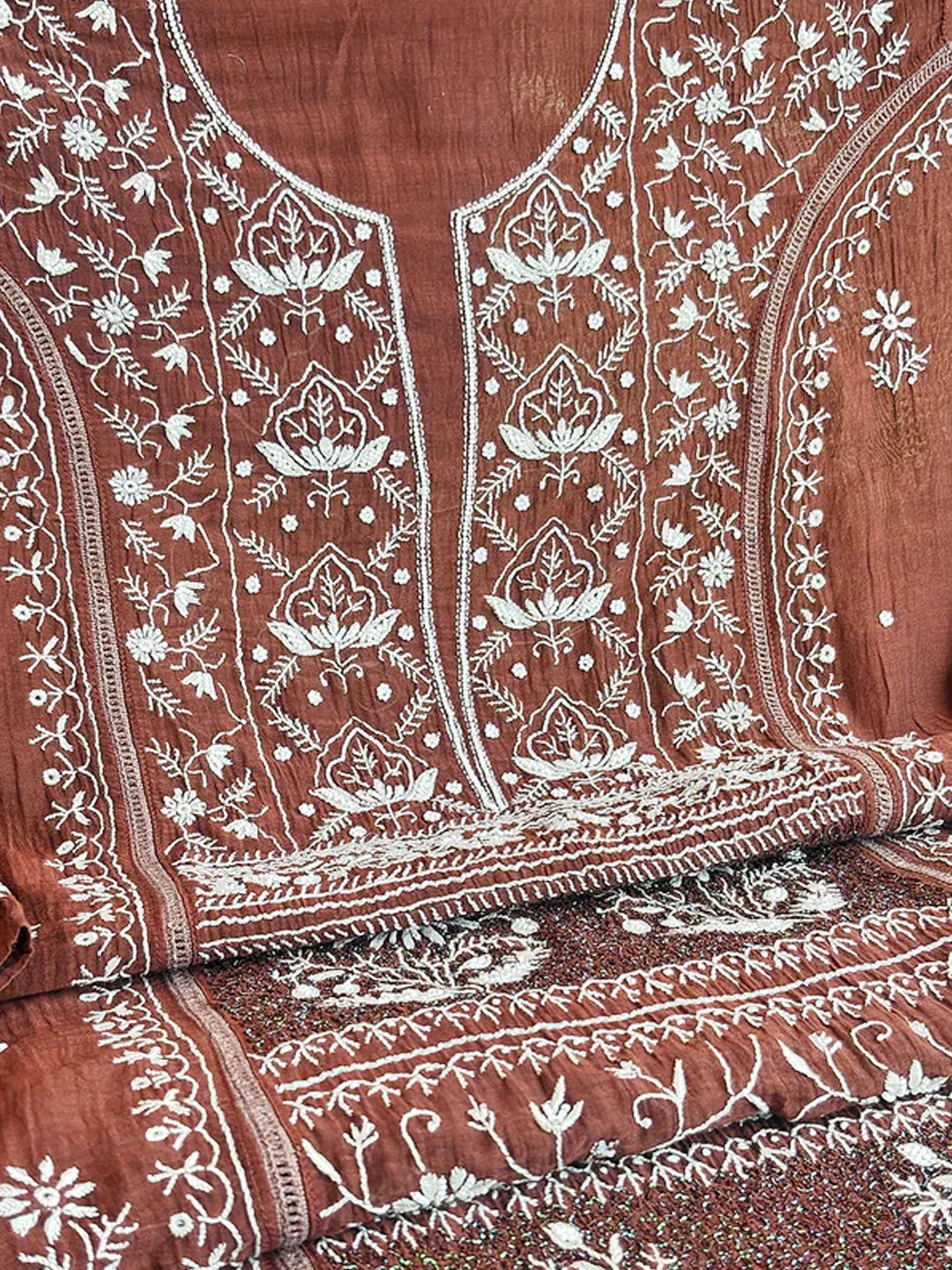 Brown Mul Chanderi Chikankari Un-stitched Kurti Piece with Dupatta
