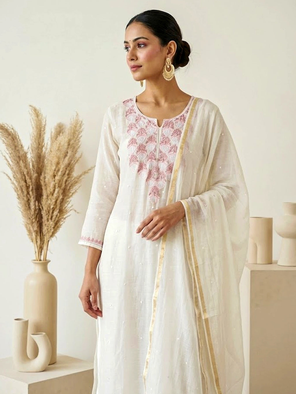 Naji Chikankari Kurta With Dupatta - Brown