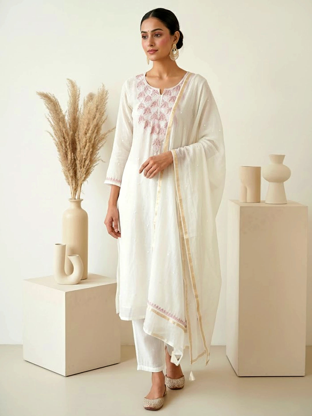 Naji Mul Chanderi Chikankari Kurta With Dupatta - Brown