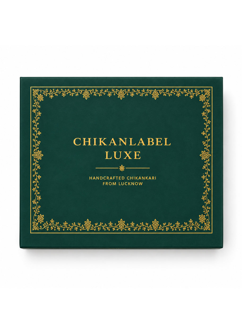 Overhead view of premium green gift box showcasing ornamental gold floral border and luxury branding