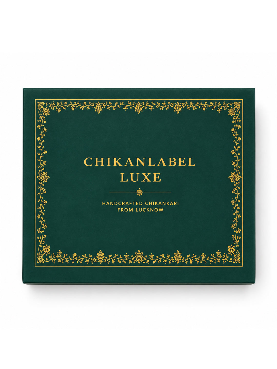 Overhead view of premium green gift box showcasing ornamental gold floral border and luxury branding