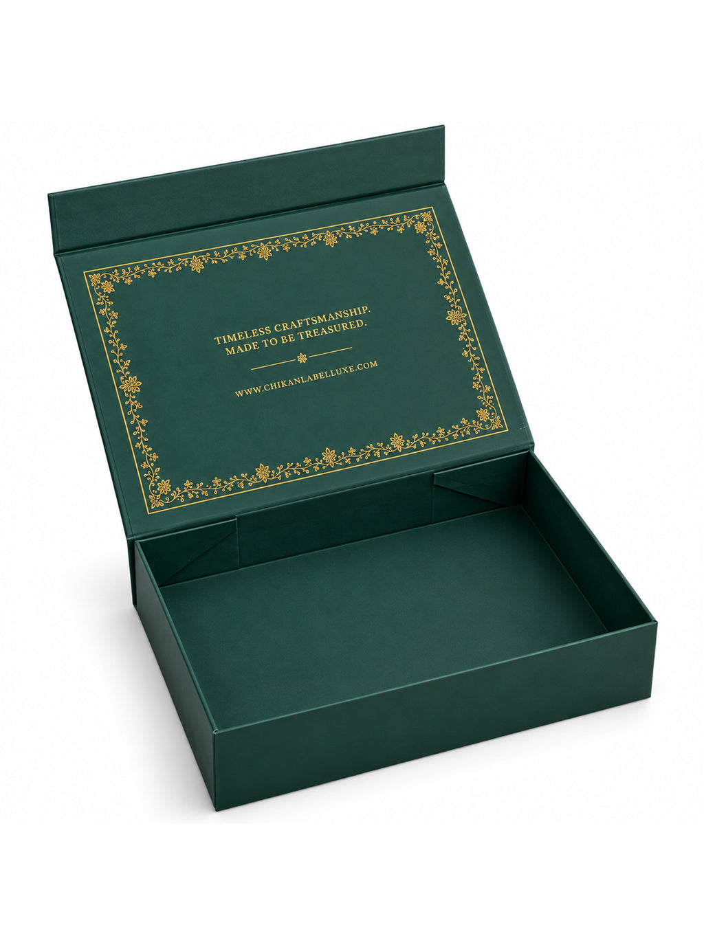 Open CHIKANLABEL LUXE gift box showing spacious empty interior, decorative gold border and printed message