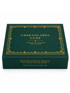 Luxury Chikankari gift packaging box featuring signature CHIKANLABEL LUXE branding and gold lettering