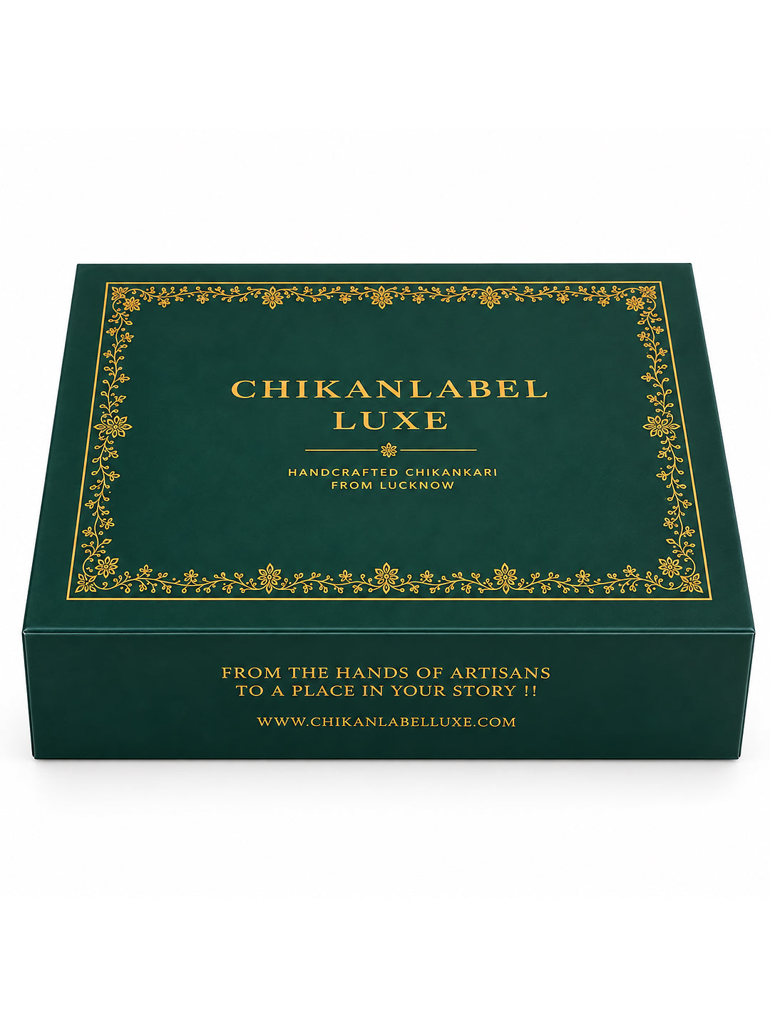 Luxury Chikankari gift packaging box featuring signature CHIKANLABEL LUXE branding and gold lettering