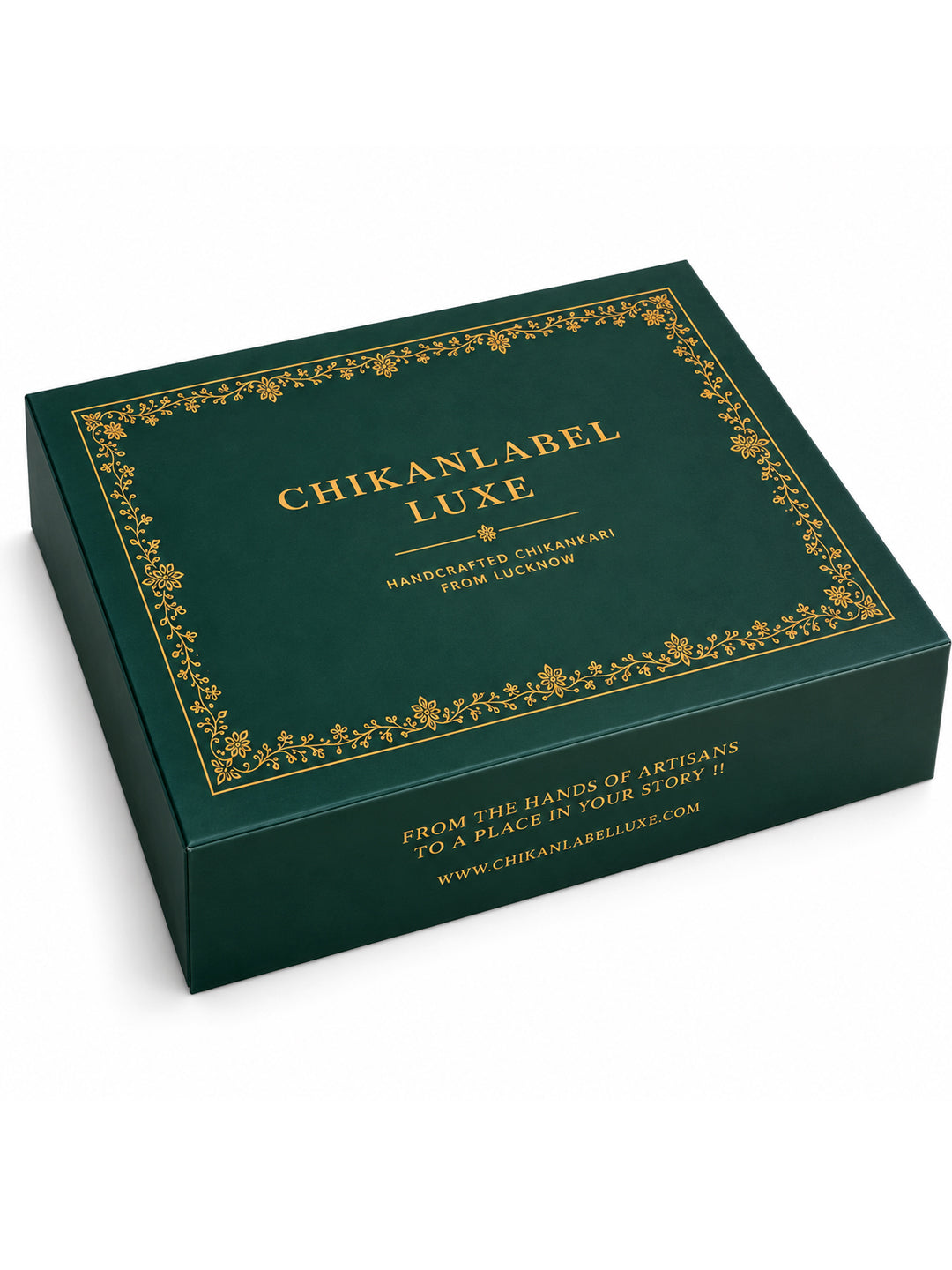 CHIKANLABEL LUXE premium emerald green gift box with intricate gold floral detailing and elegant branded lid