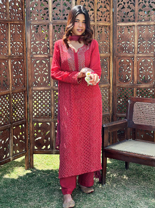 Arz Chikankari Kurta Set - Coral