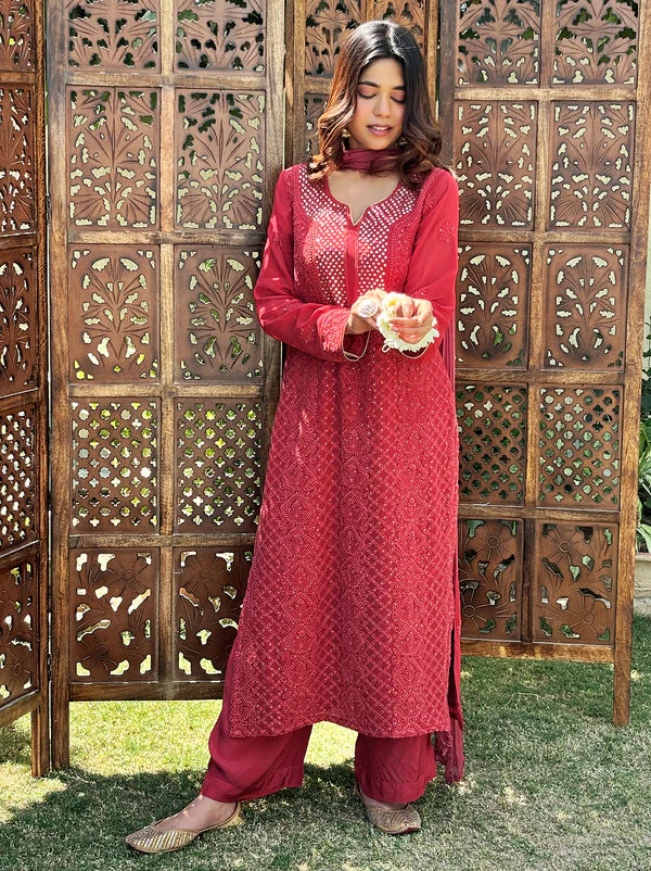 Arz Chikankari Kurta Set - Coral