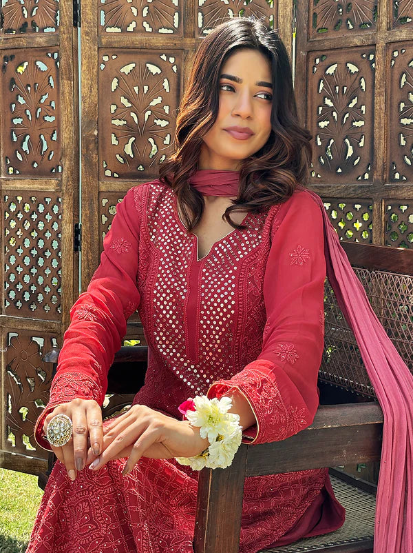 Arz Chikankari Kurta Set - Coral