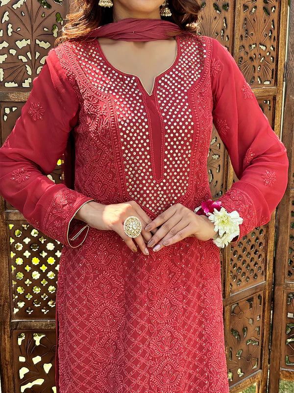 Arz Chikankari Kurta Set - Coral