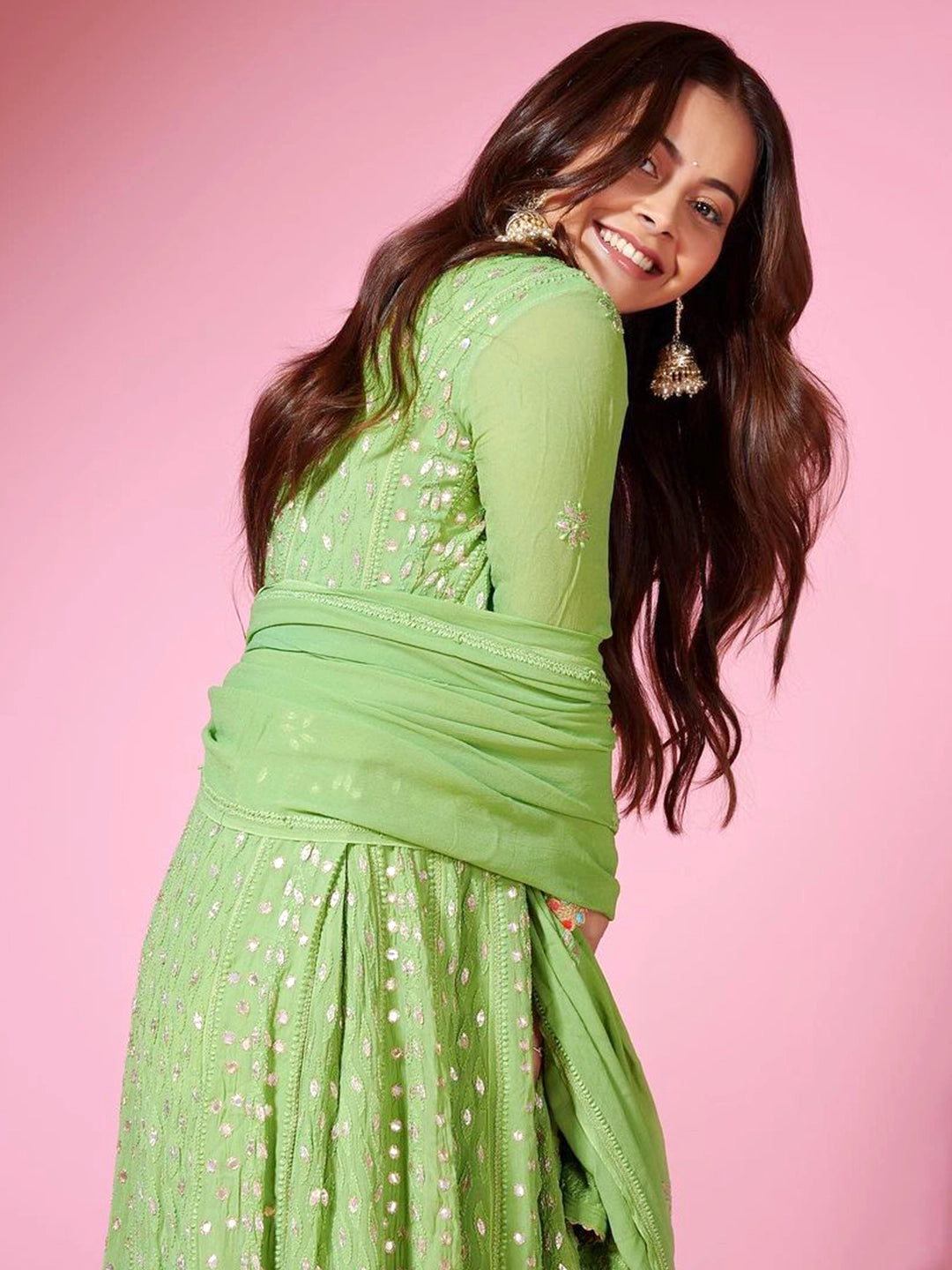 Devoleena Bhattacharjee Green Sufiya Viscose Chikankari Anarkali with Dupatta
