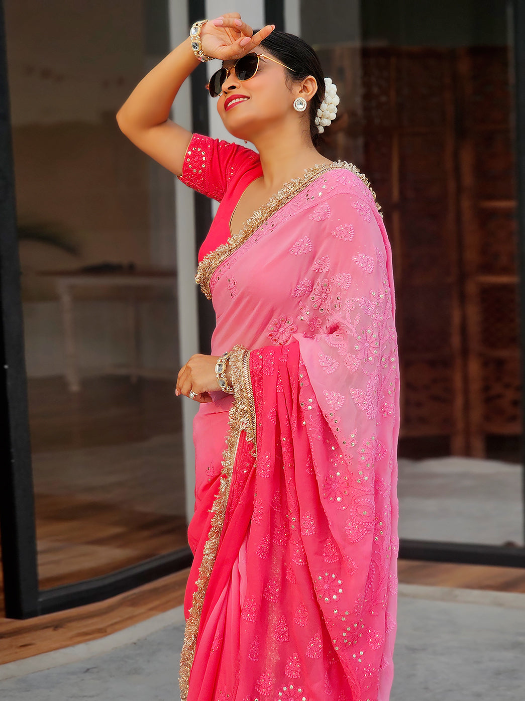 Traditional viscose saree with mukaish embroidery and lace border making it ideal for weddings and festive gatherings.

Exquisite viscose sar