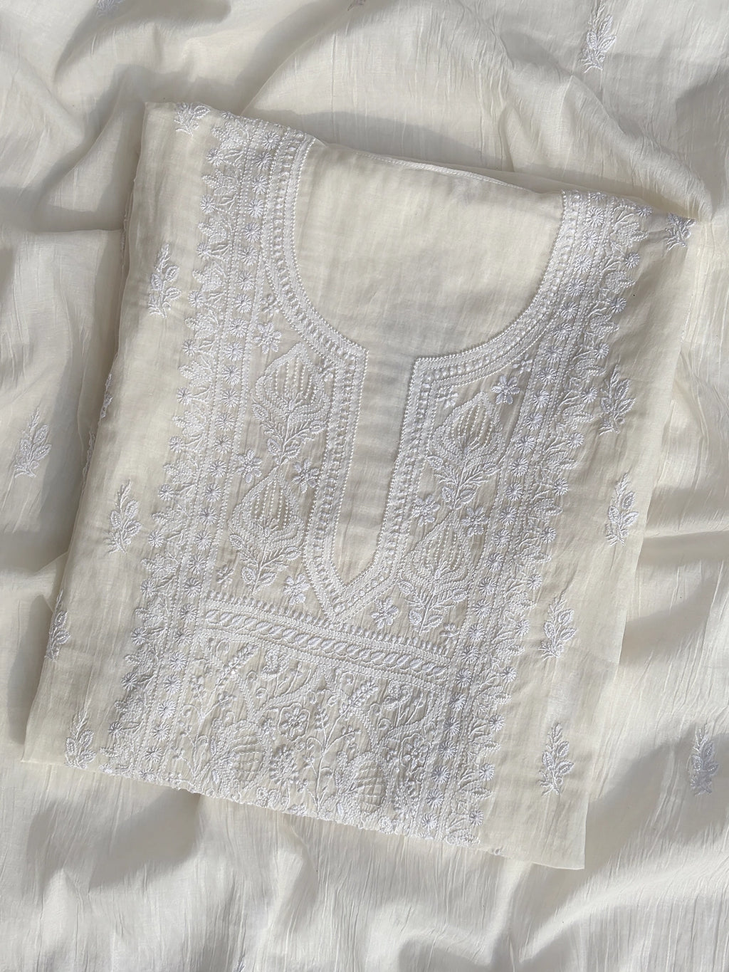 Diya Mul Chanderi Chikankari Kurti Piece with Dupatta - White