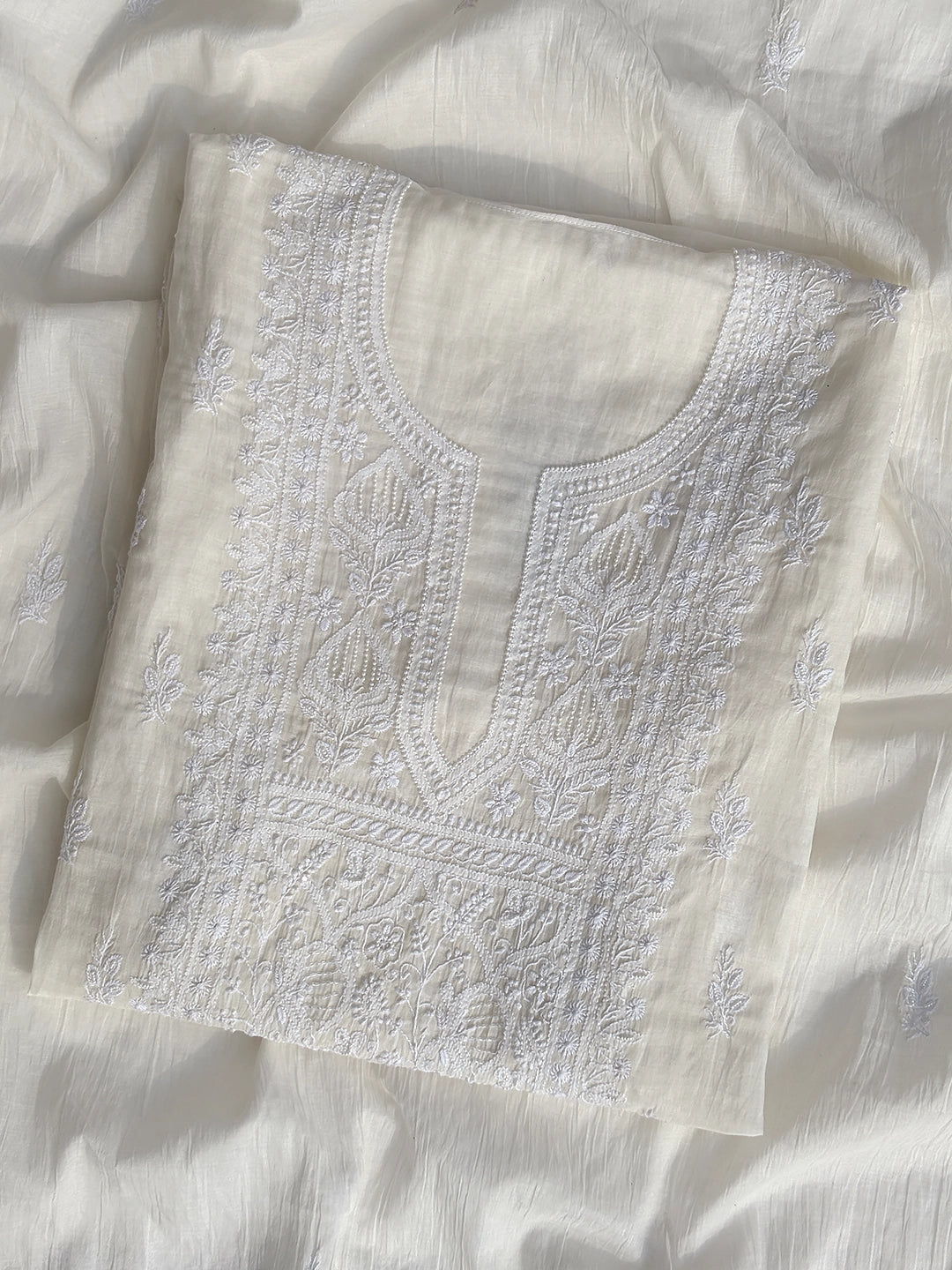 Diya Mul Chanderi Chikankari Kurti Piece with Dupatta - White
