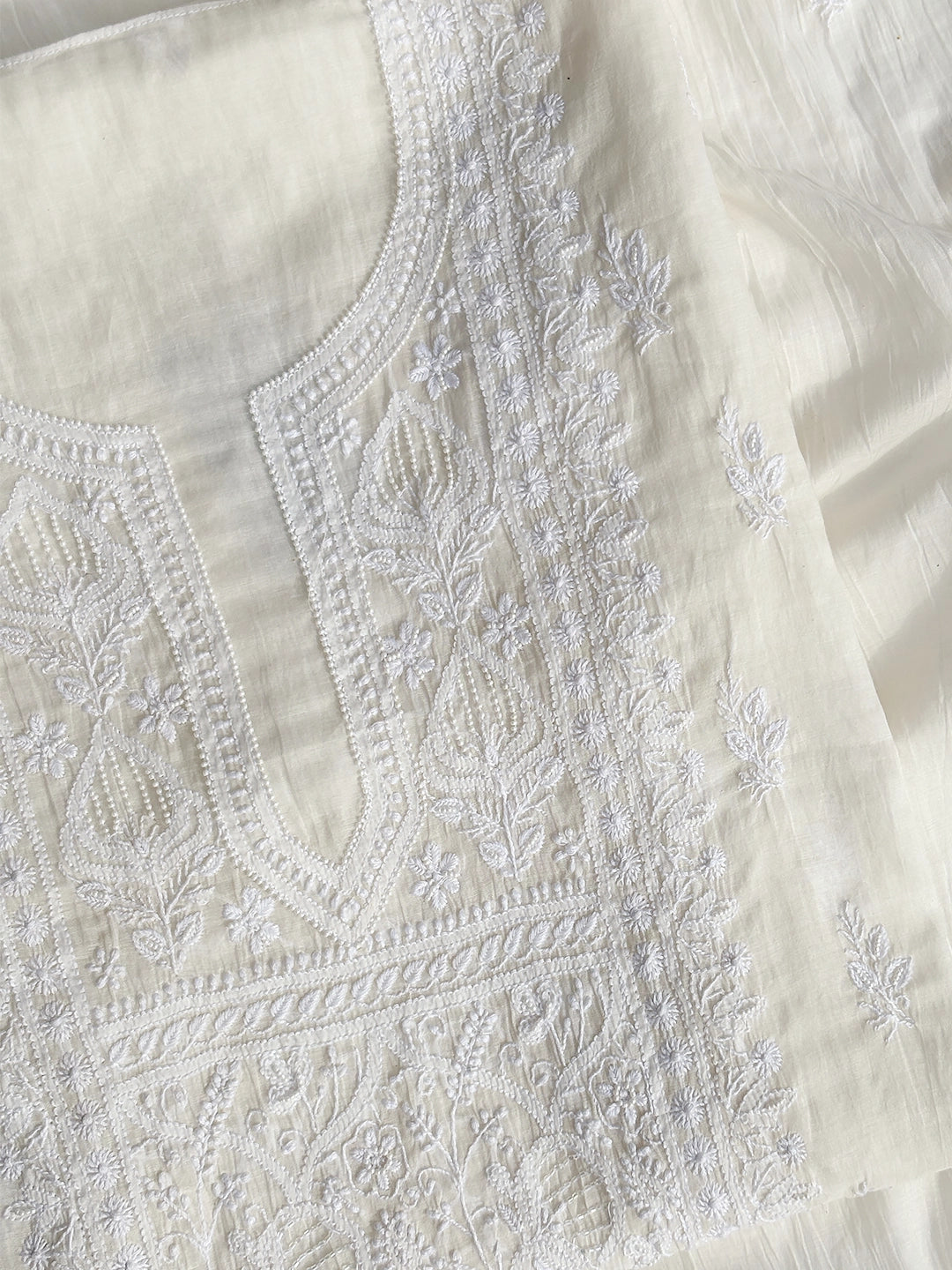 Diya Mul Chanderi Chikankari Kurti Piece with Dupatta - White