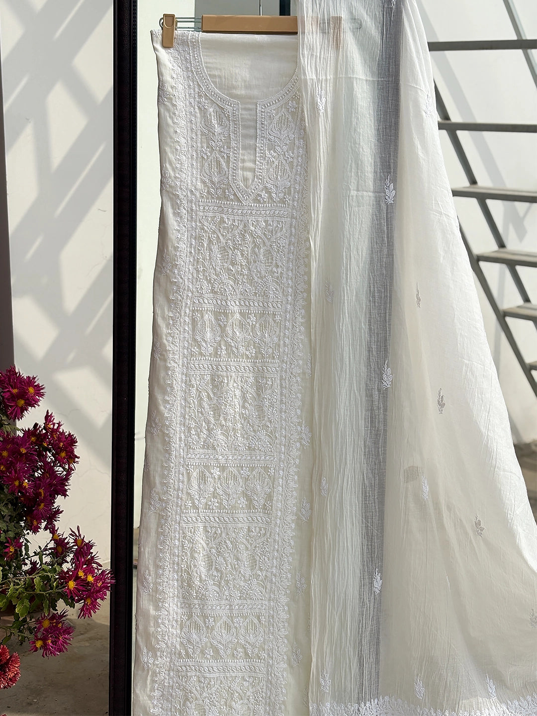 Diya Mul Chanderi Chikankari Kurti Piece with Dupatta - White