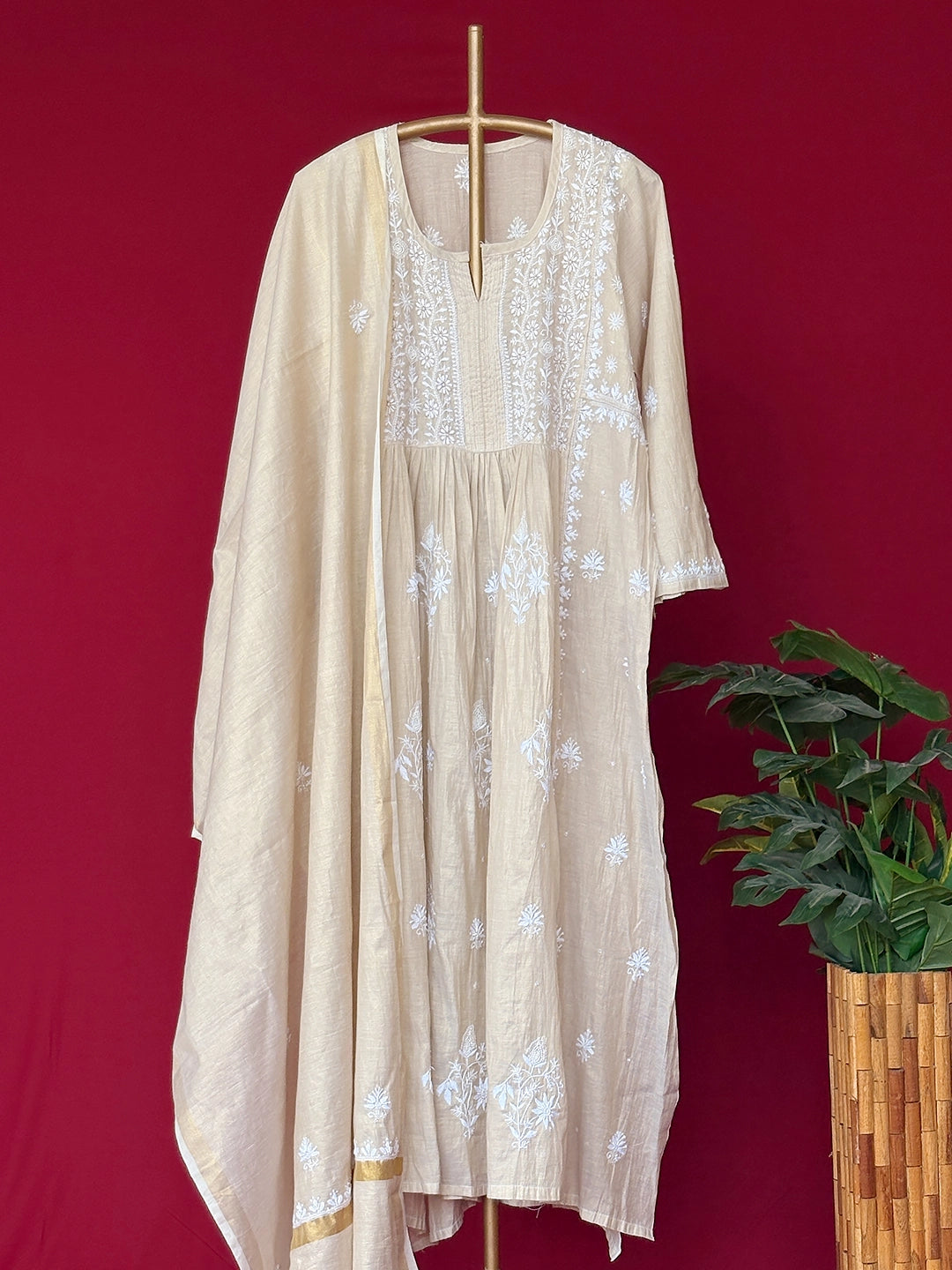 Ekisha Tissue Silk Chikankari Kurti Piece with Dupatta - Beige