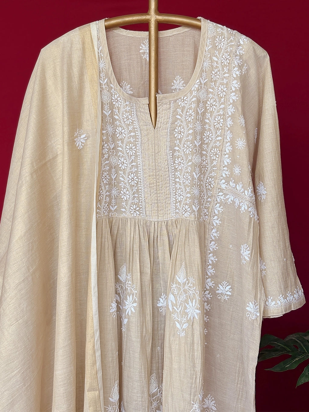 Ekisha Tissue Silk Chikankari Kurti Piece with Dupatta - Beige