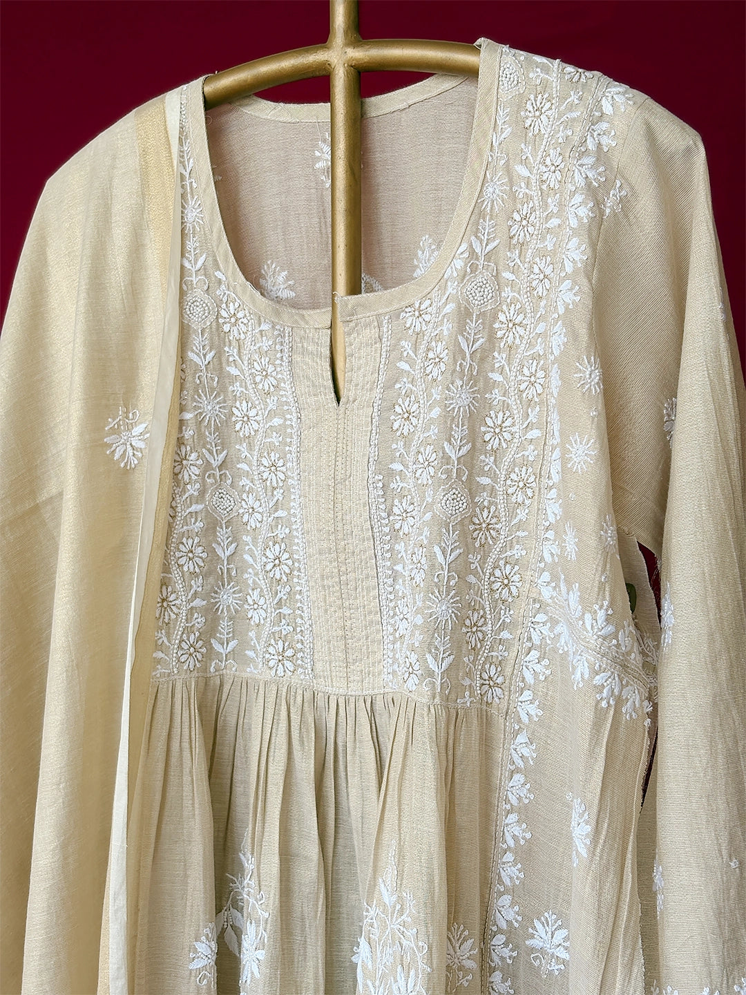 Ekisha Tissue Silk Chikankari Kurti Piece with Dupatta - Beige