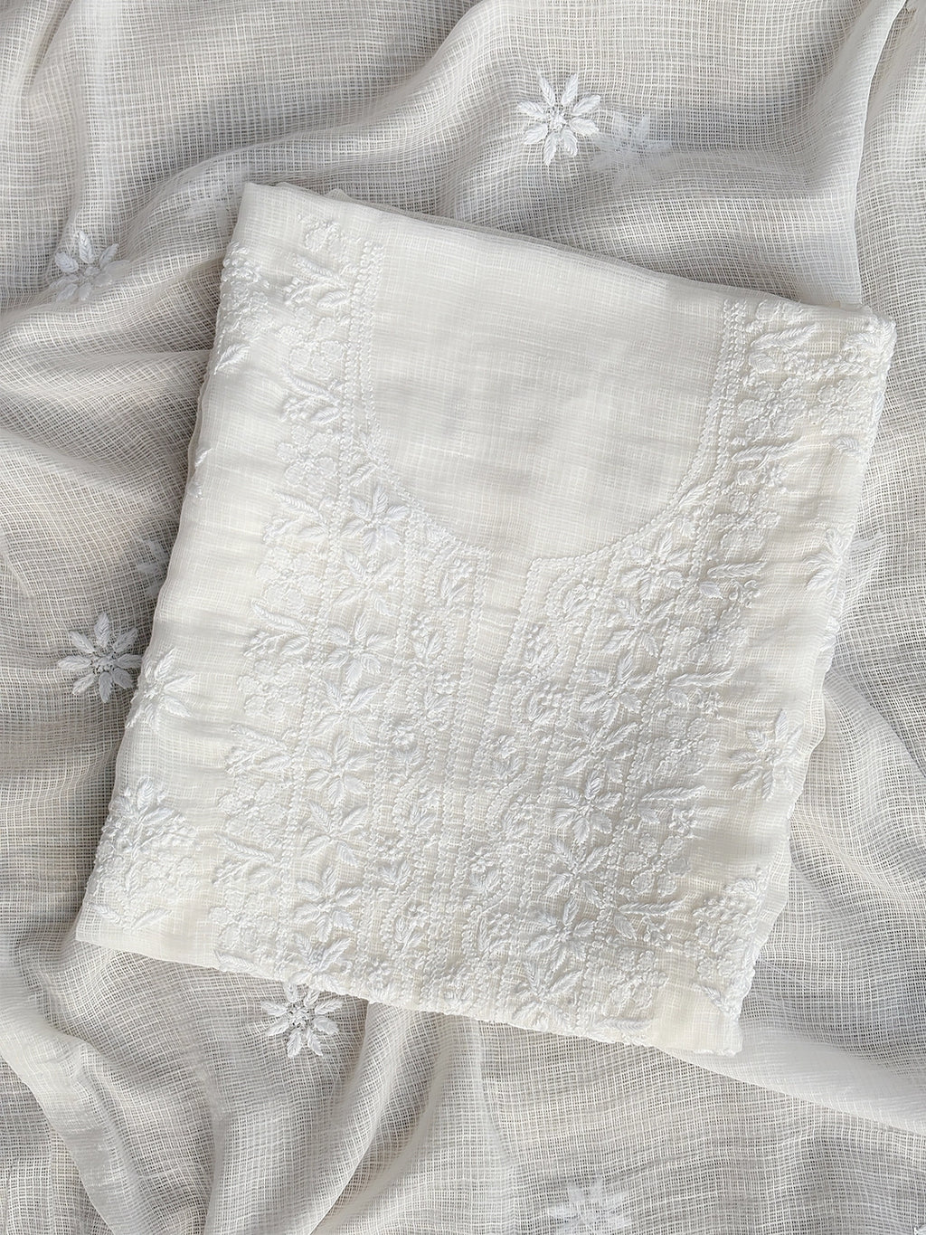 Eshani Chikankari Un-stitched Kurti Piece with Dupatta - White