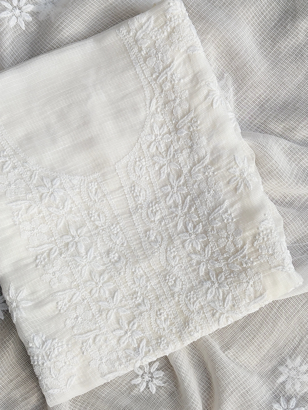 Eshani Chikankari Un-stitched Kurti Piece with Dupatta - White