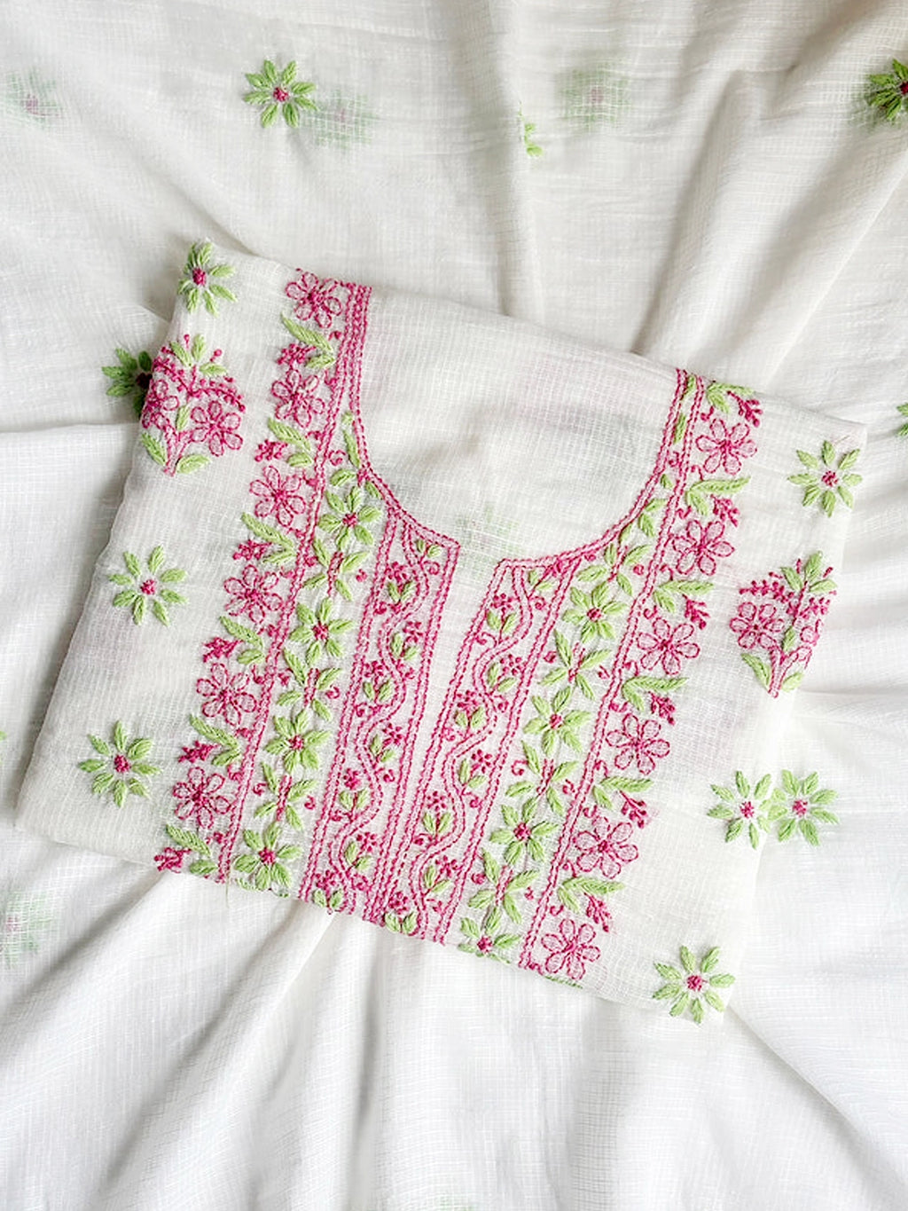 Pink Eshani Kota Doria Chikankari Un-stitched Kurti Piece with Dupatta